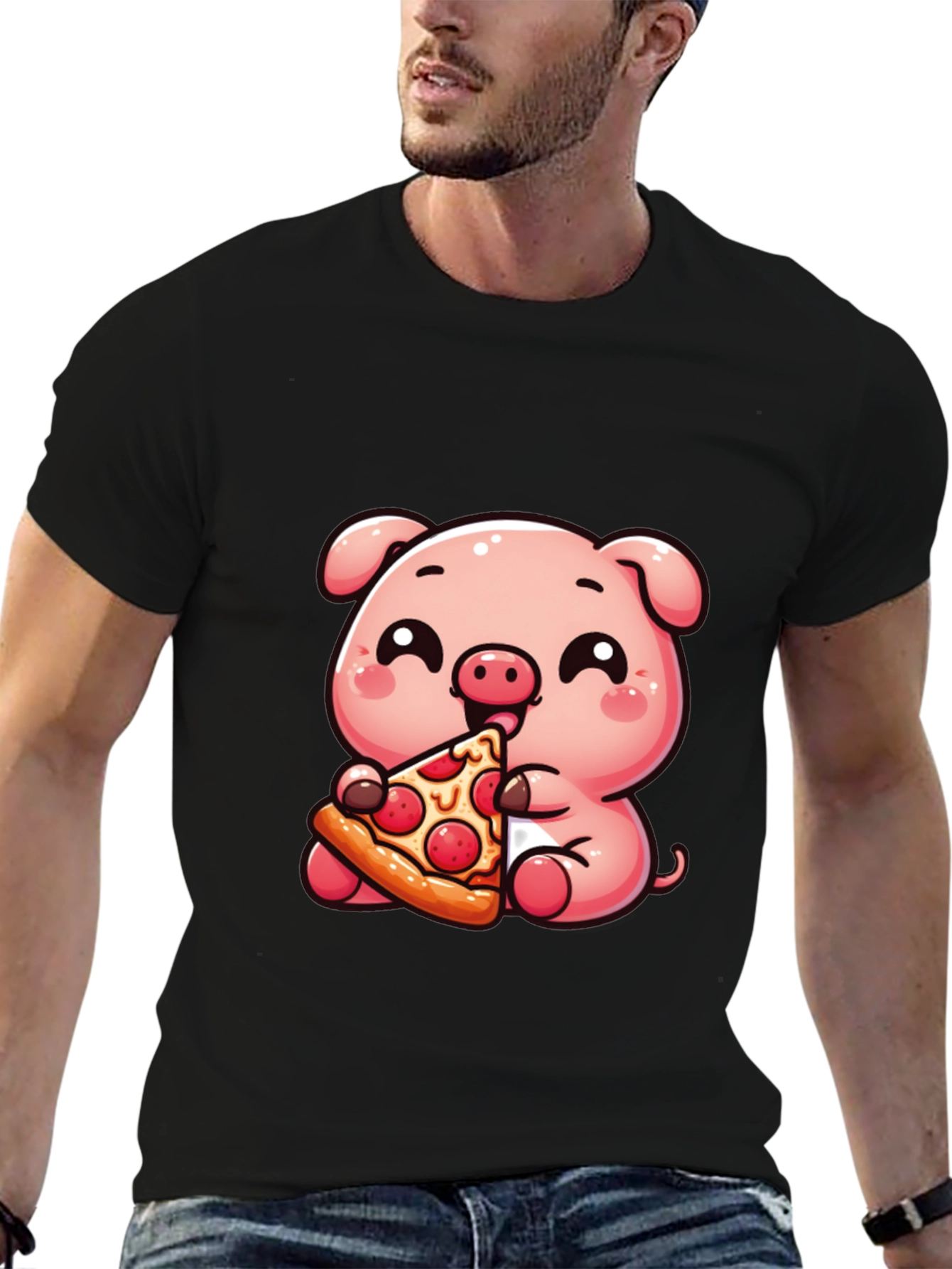 Cute Pig Eating Pizza Graphic T-Shirt - Unisex