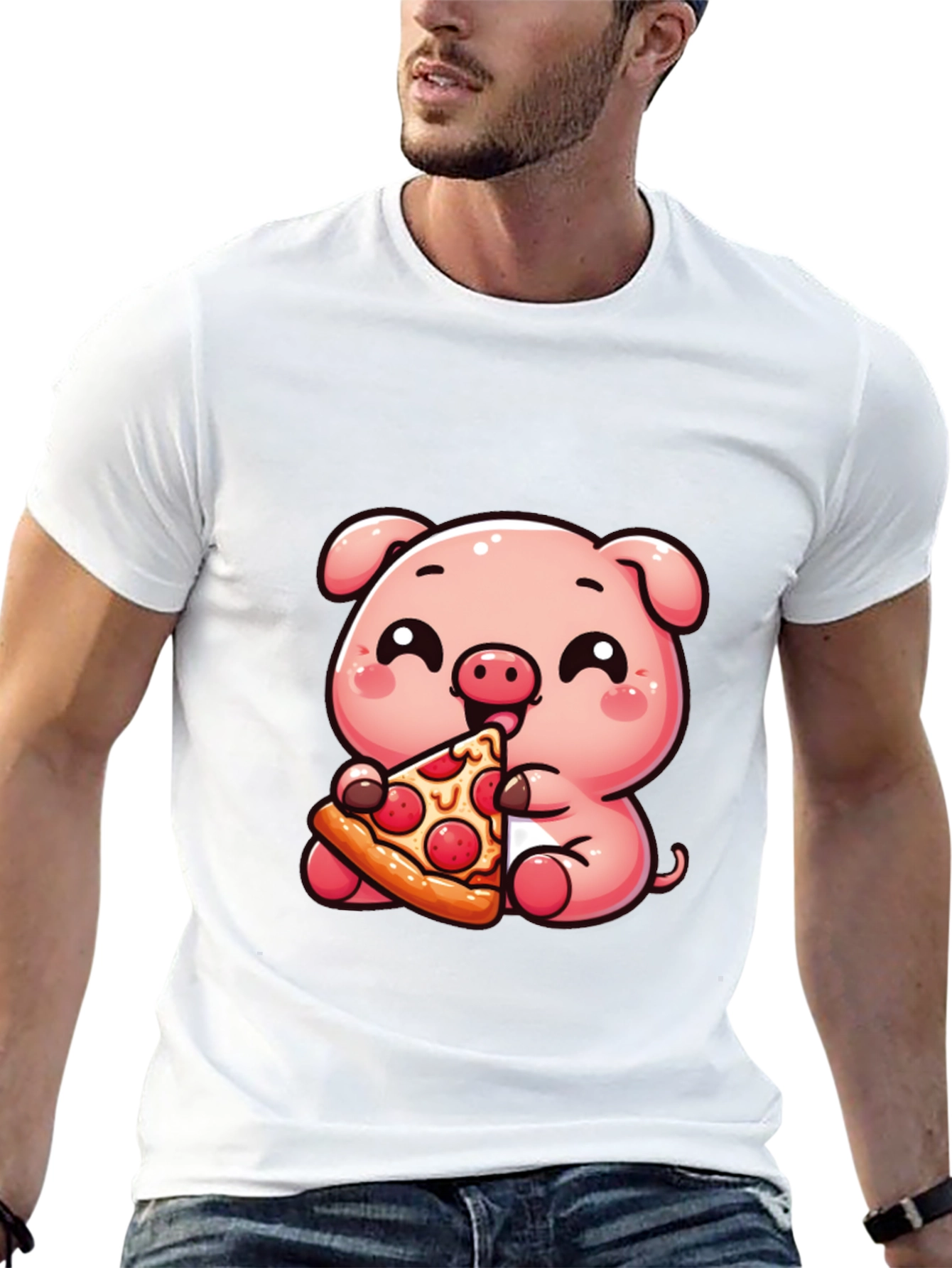 Cute Pig Eating Pizza Graphic T-Shirt - Unisex