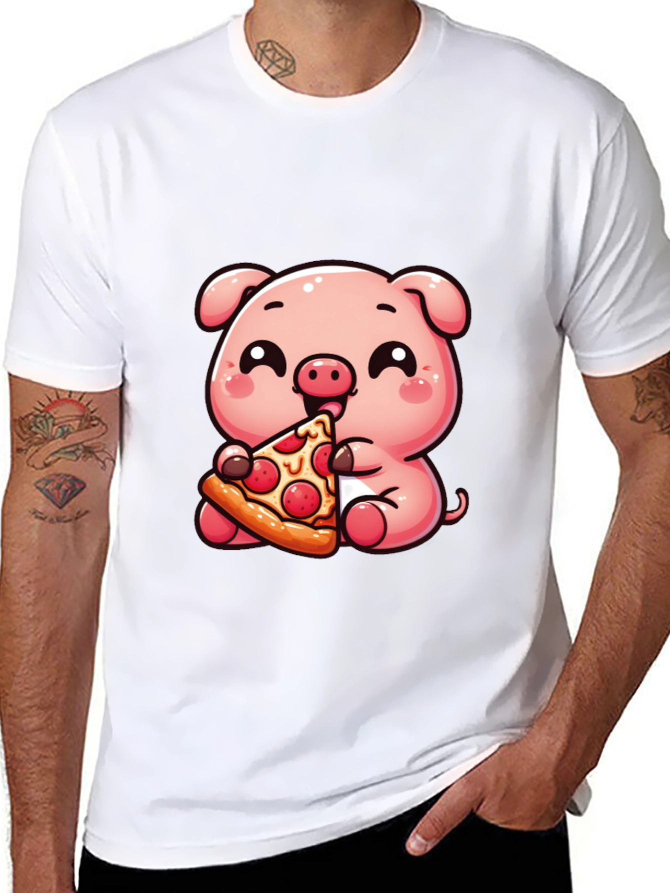 Cute Pig Eating Pizza Graphic T-Shirt - Unisex