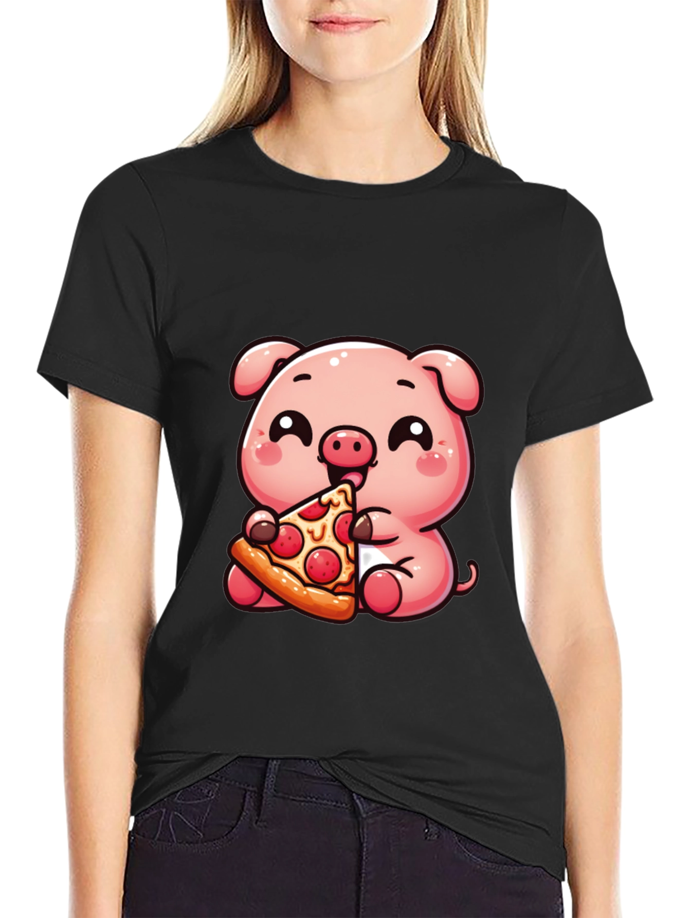 Cute Pig Eating Pizza Graphic T-Shirt - Unisex
