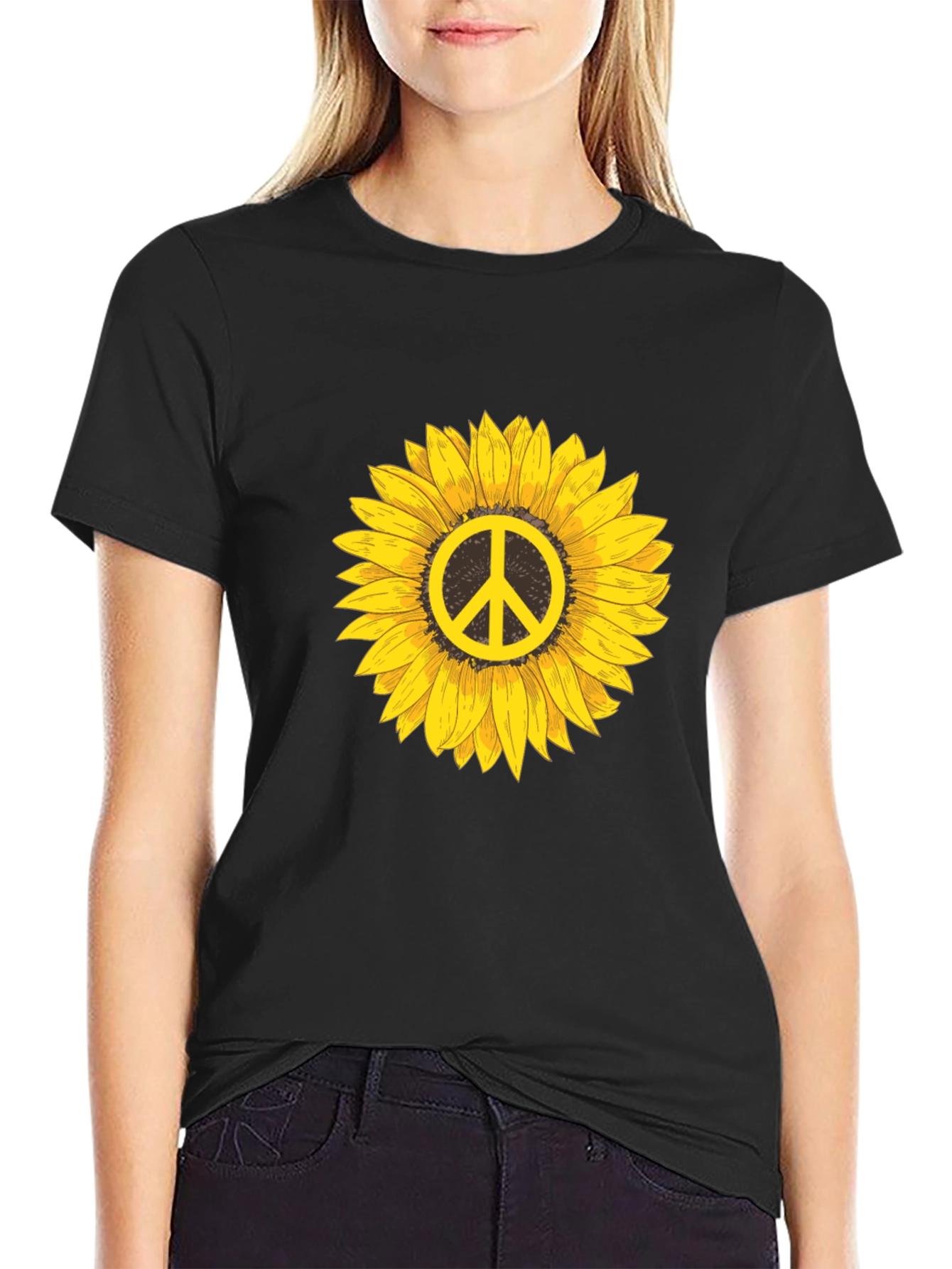 Peace Sunflower Graphic Tee - Black