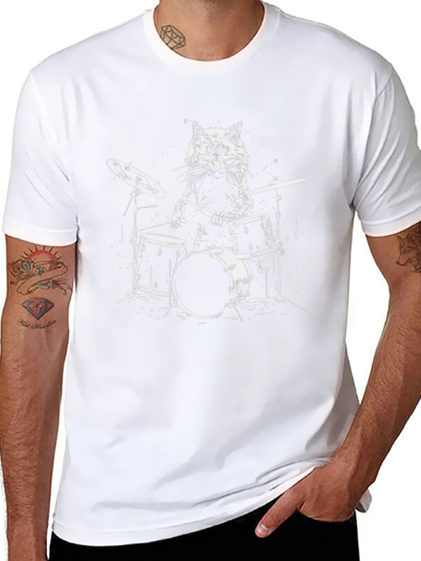Cool Cat Drummer T-Shirt - Black Graphic Tee