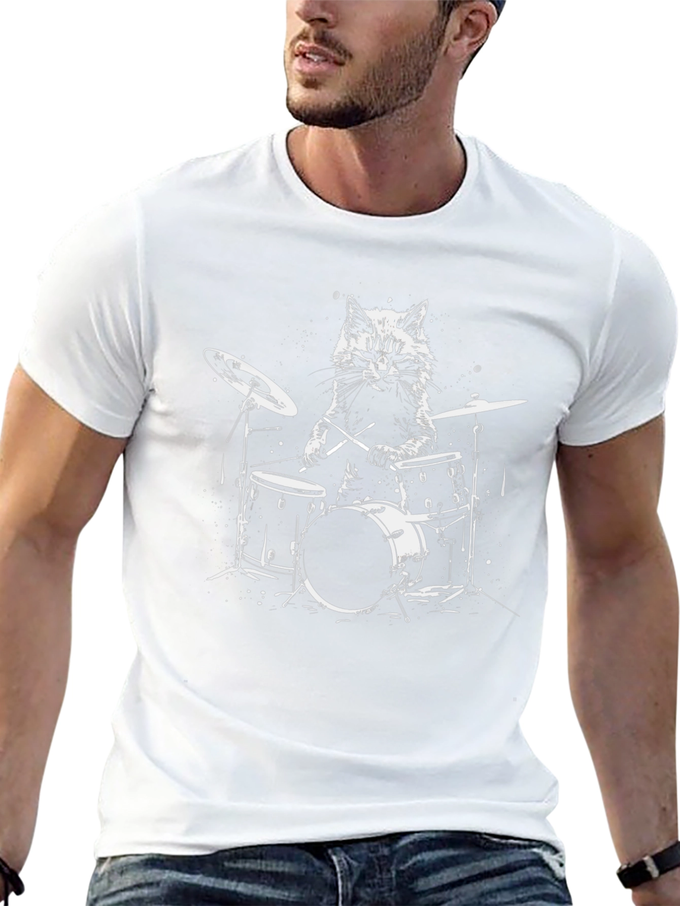 Cool Cat Drummer T-Shirt - Black Graphic Tee