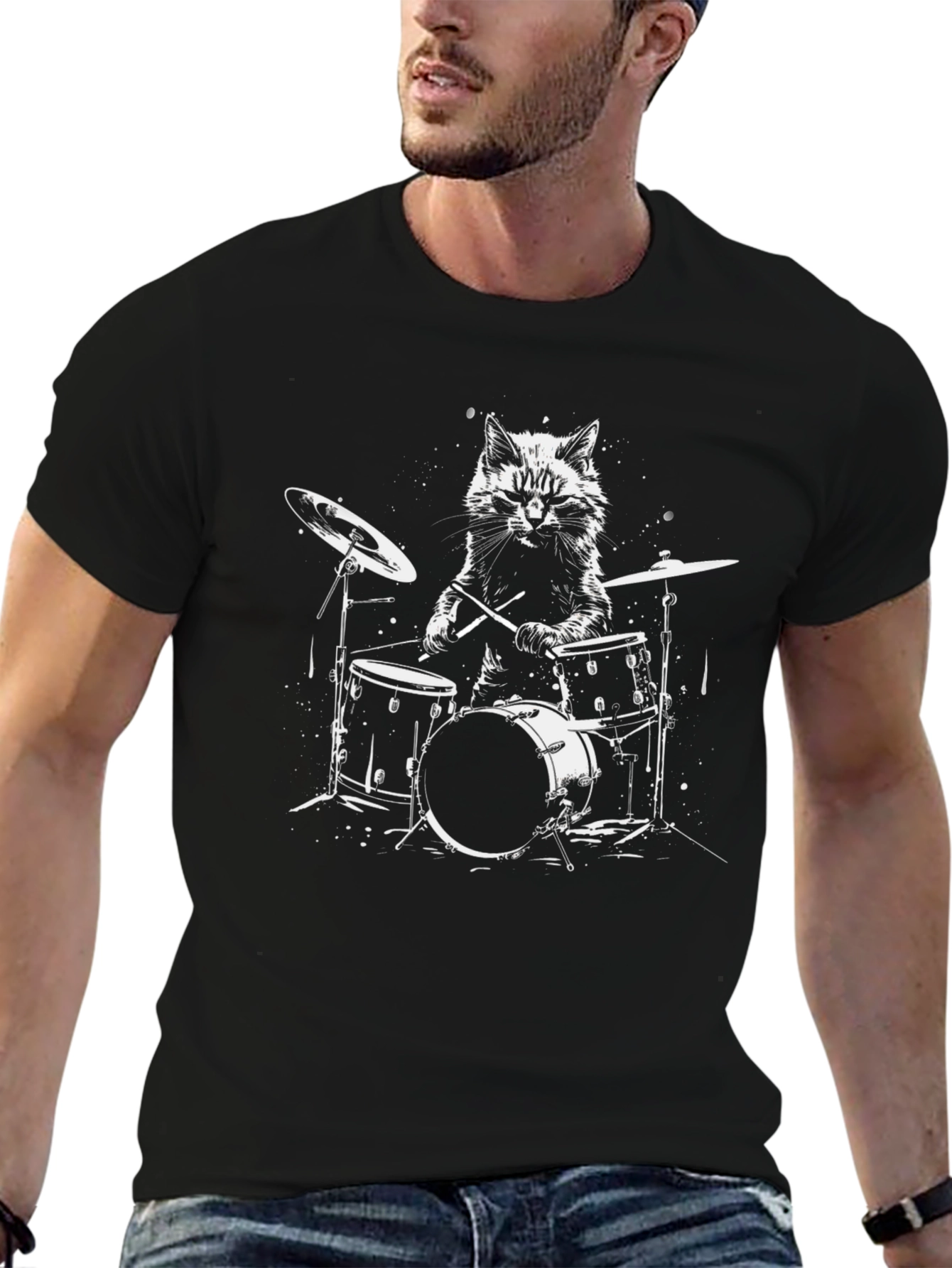 Cool Cat Drummer T-Shirt - Black Graphic Tee