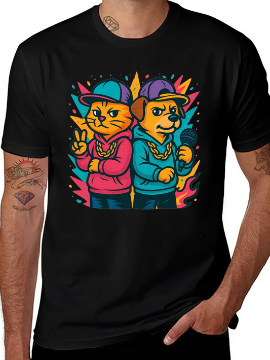 Cool Cat & Dog Rap Duo Graphic T-Shirt