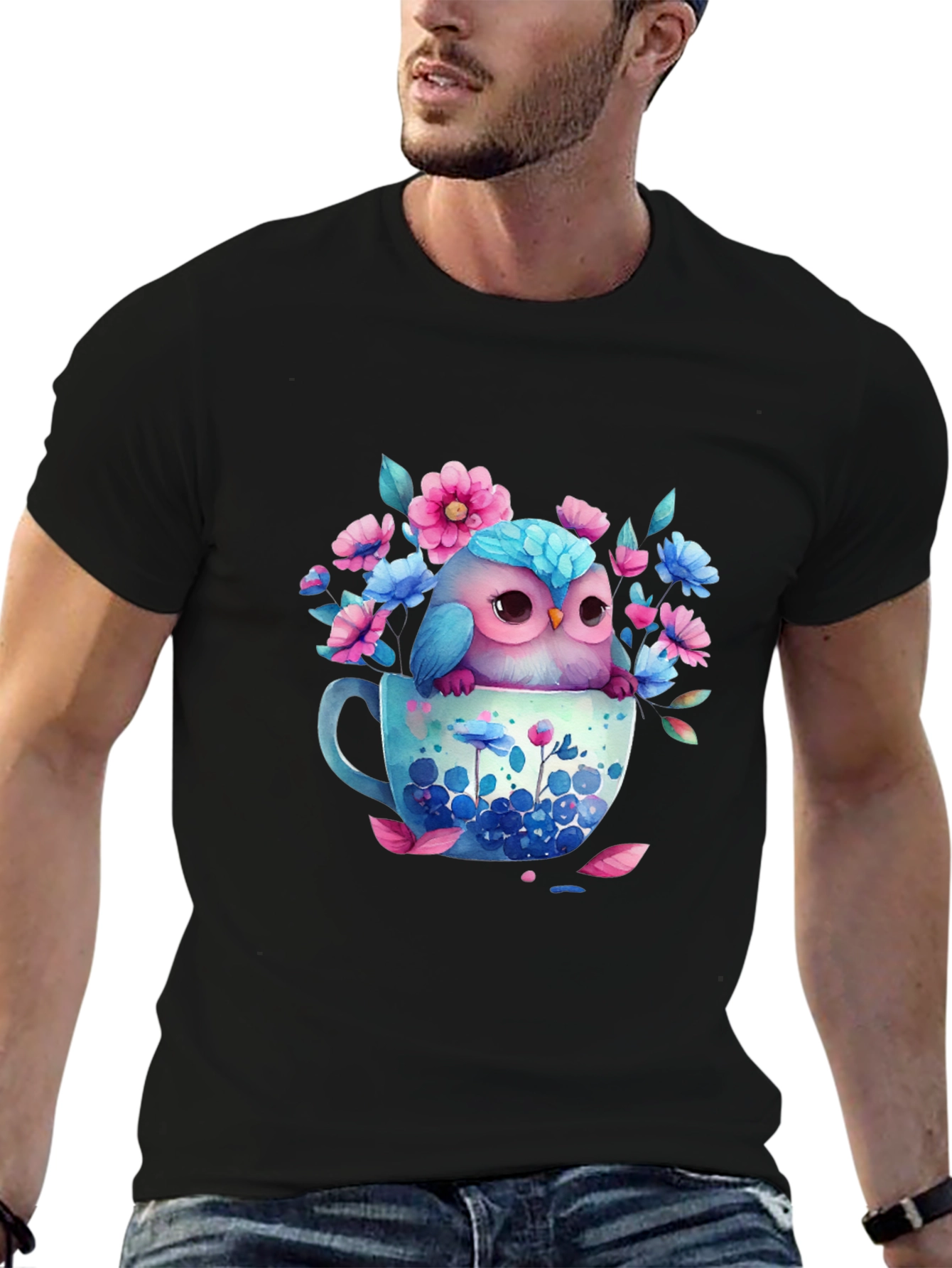 Owl in Teacup Floral Graphic Tee - Black