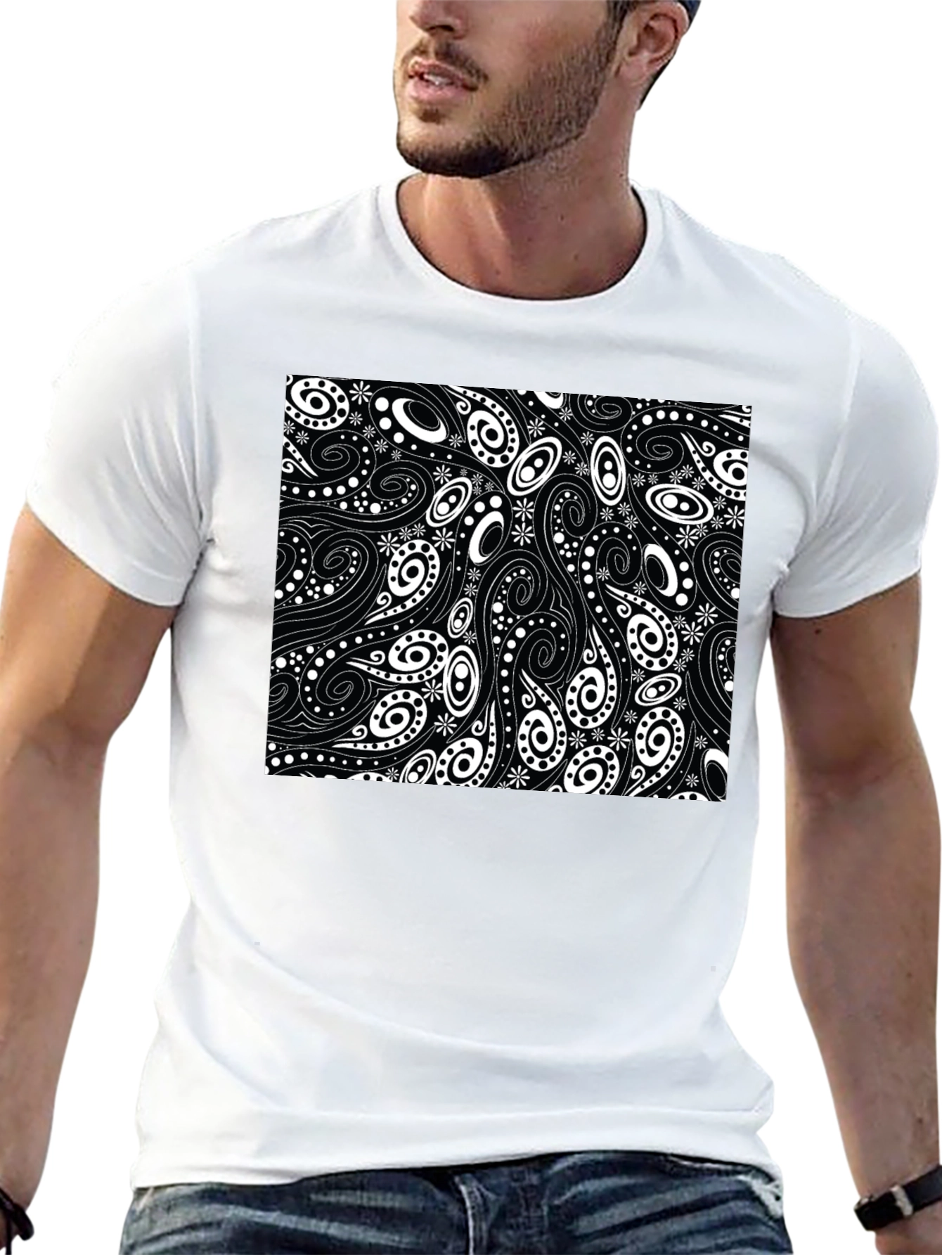 Black T-Shirt with Swirl & Paisley Design