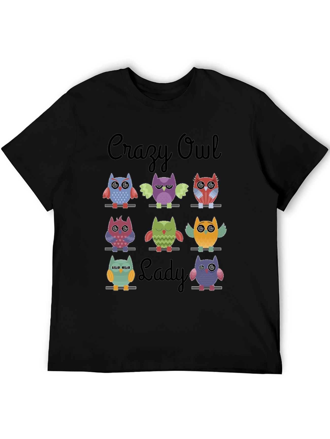 Crazy Owl Lady Graphic T-Shirt - Black