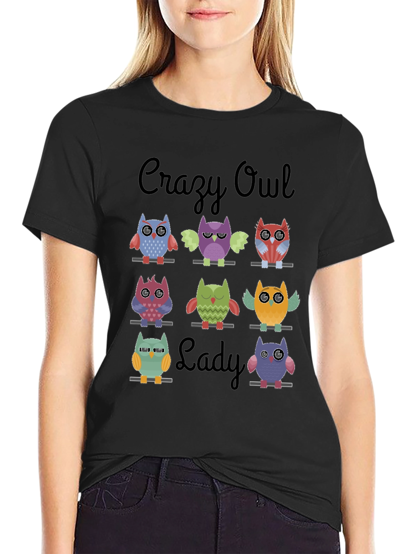Crazy Owl Lady Graphic T-Shirt - Black