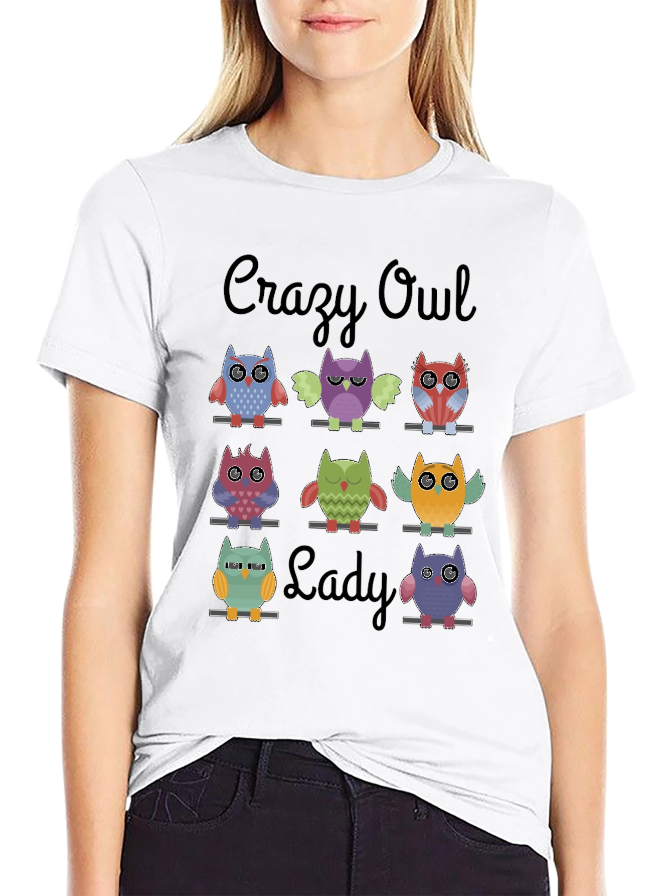 Crazy Owl Lady Graphic T-Shirt - Black