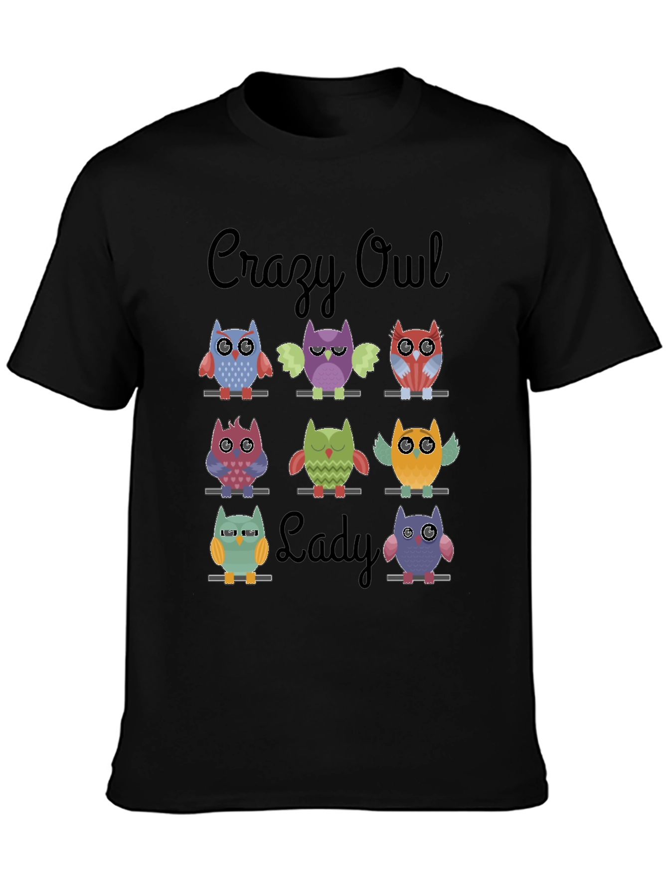 Crazy Owl Lady Graphic T-Shirt - Black