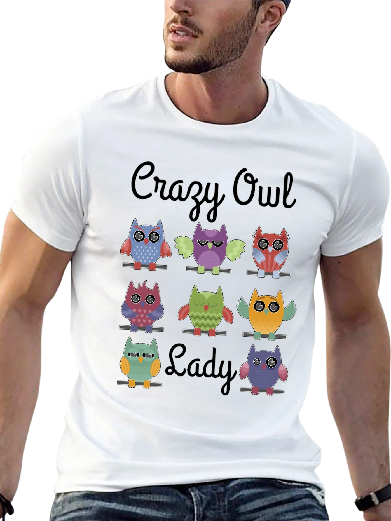 Crazy Owl Lady Graphic T-Shirt - Black