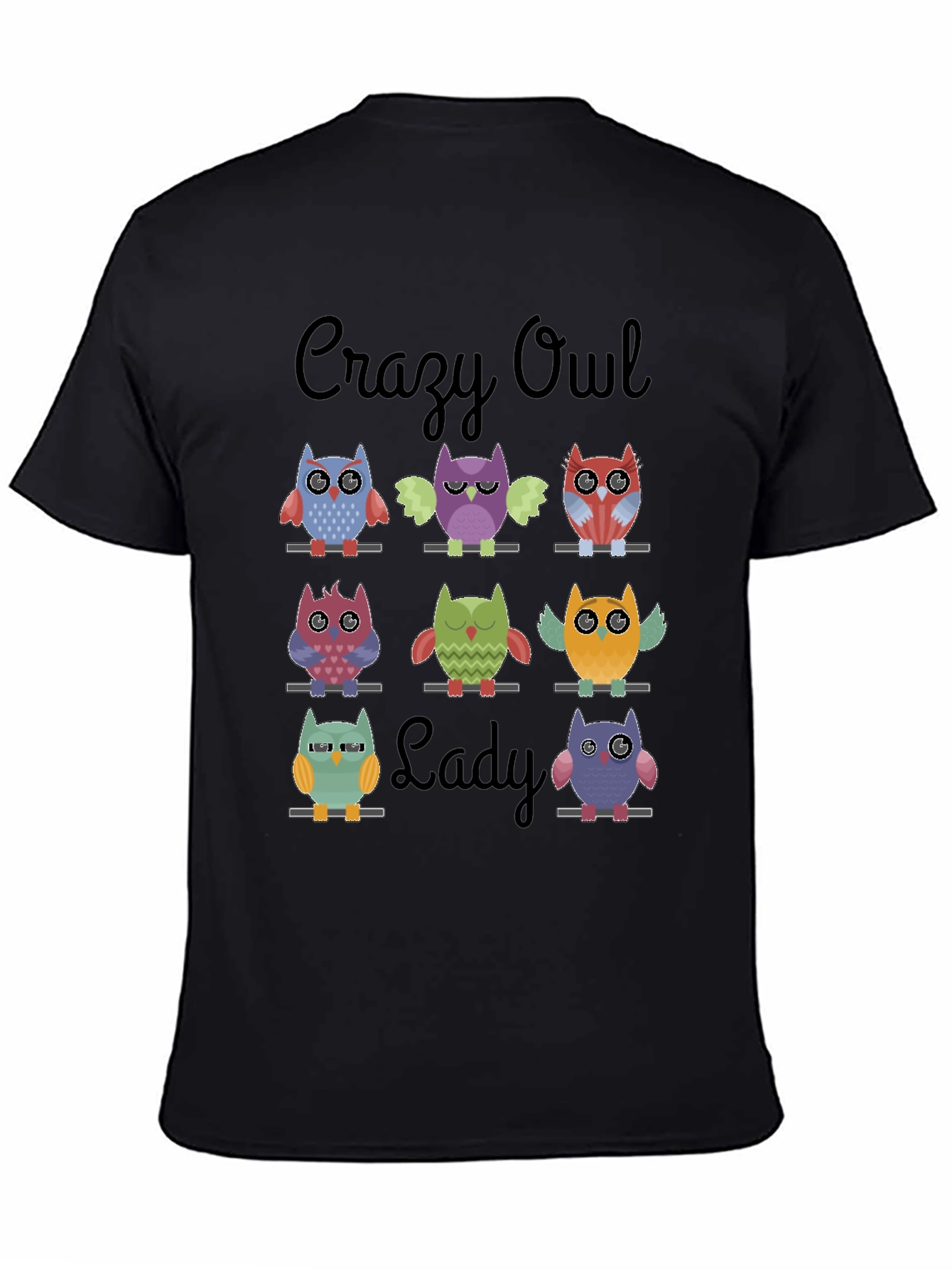 Crazy Owl Lady Graphic T-Shirt - Black