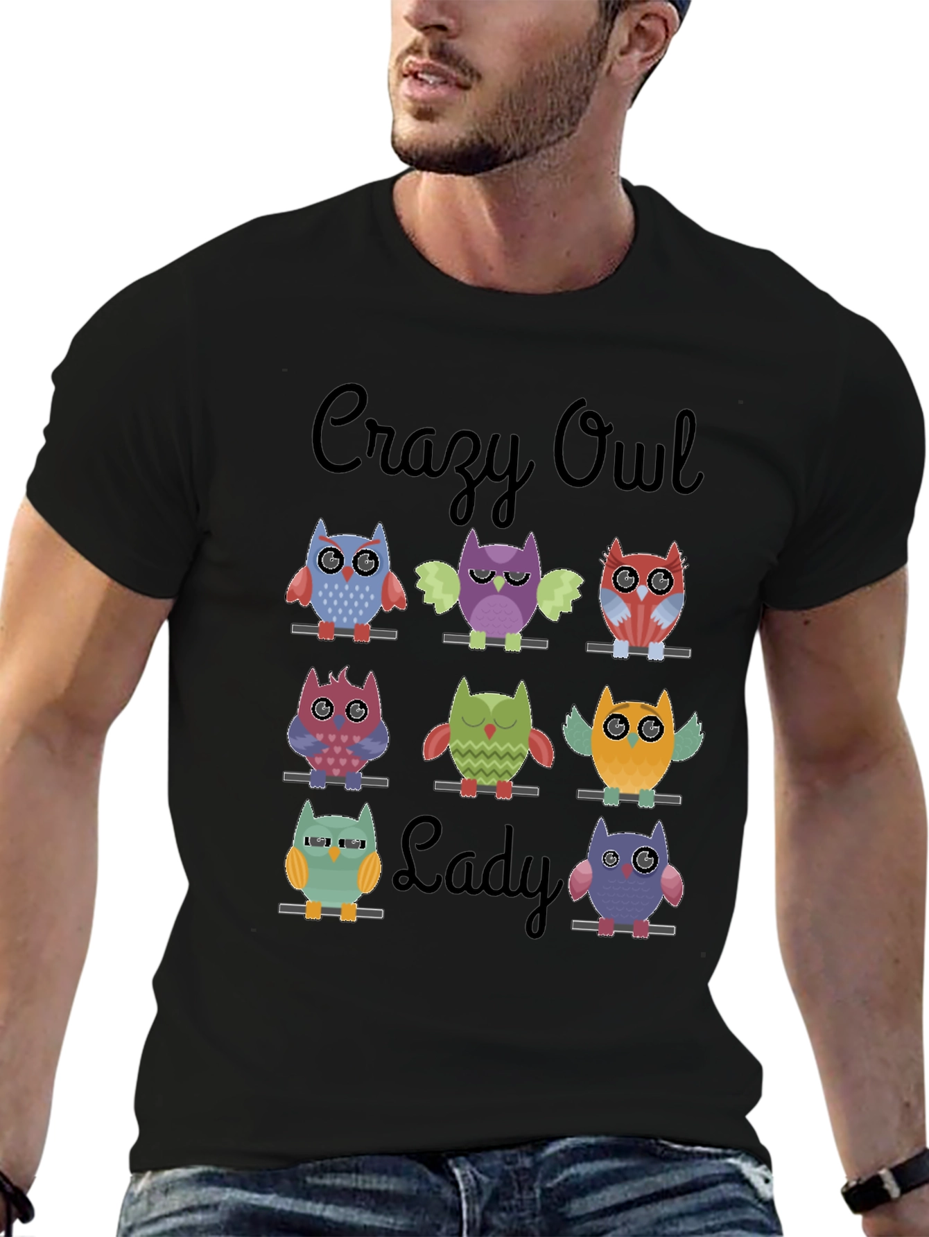 Crazy Owl Lady Graphic T-Shirt - Black