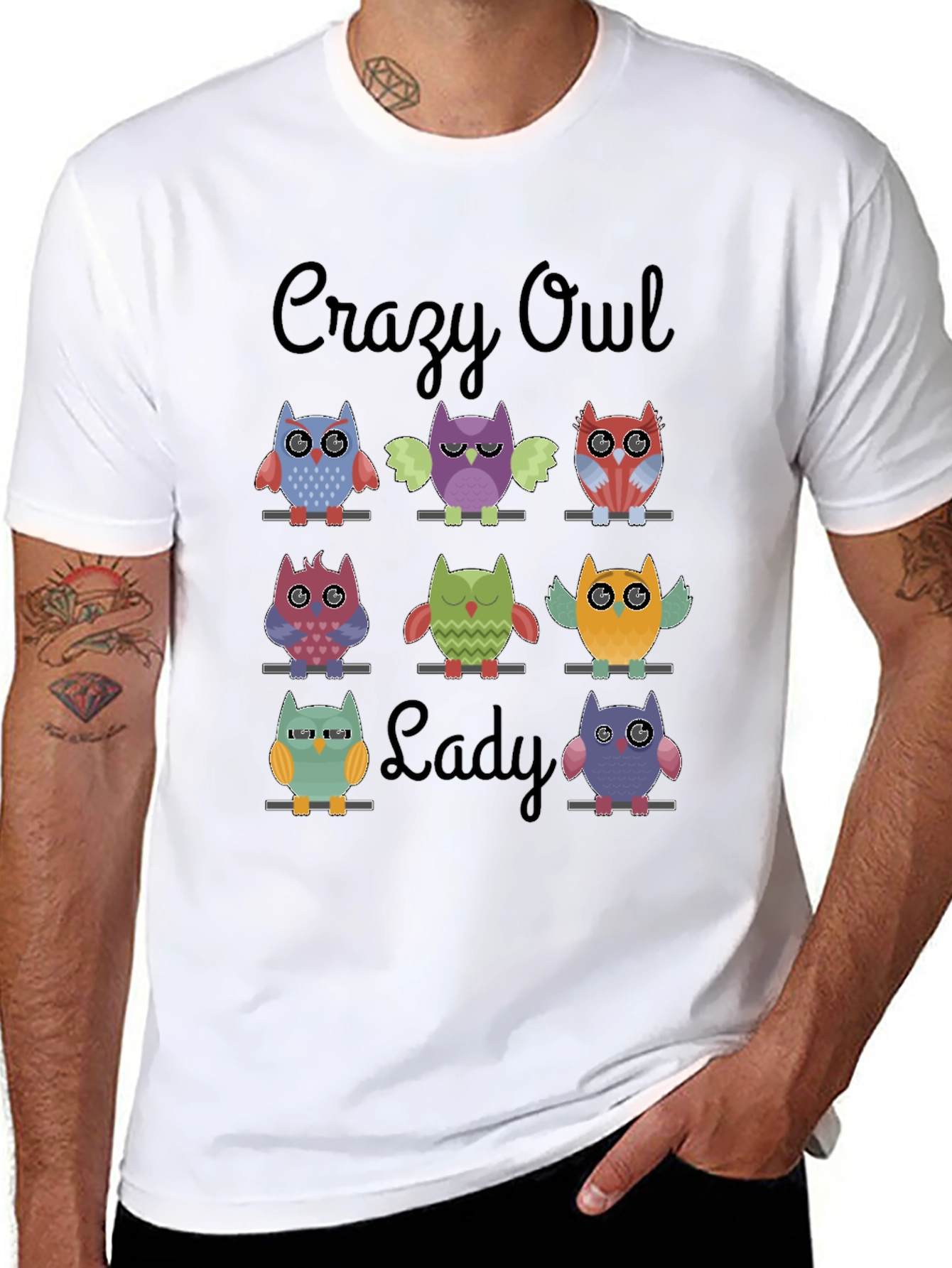 Crazy Owl Lady Graphic T-Shirt - Black