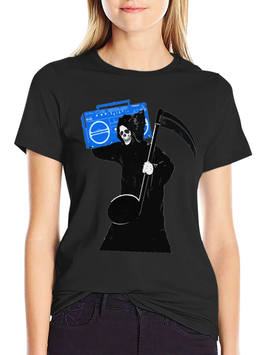 Grim Reaper Boombox Graphic Tee - Black Cotton