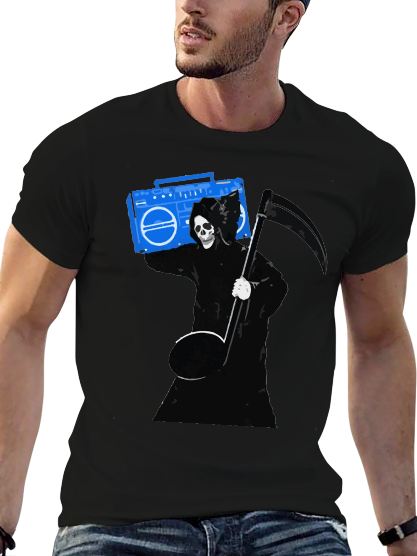 Grim Reaper Boombox Graphic Tee - Black Cotton