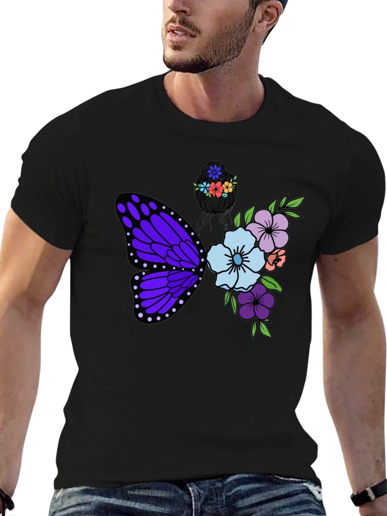 Butterfly Floral Graphic T-Shirt - Black