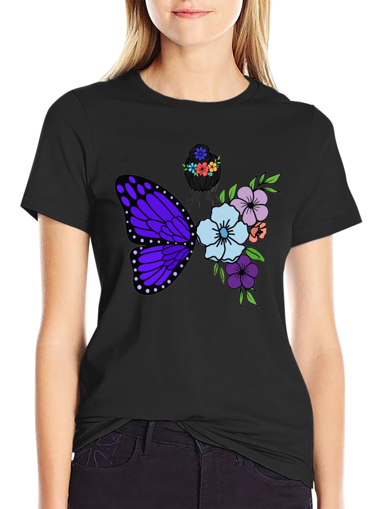 Butterfly Floral Graphic T-Shirt - Black