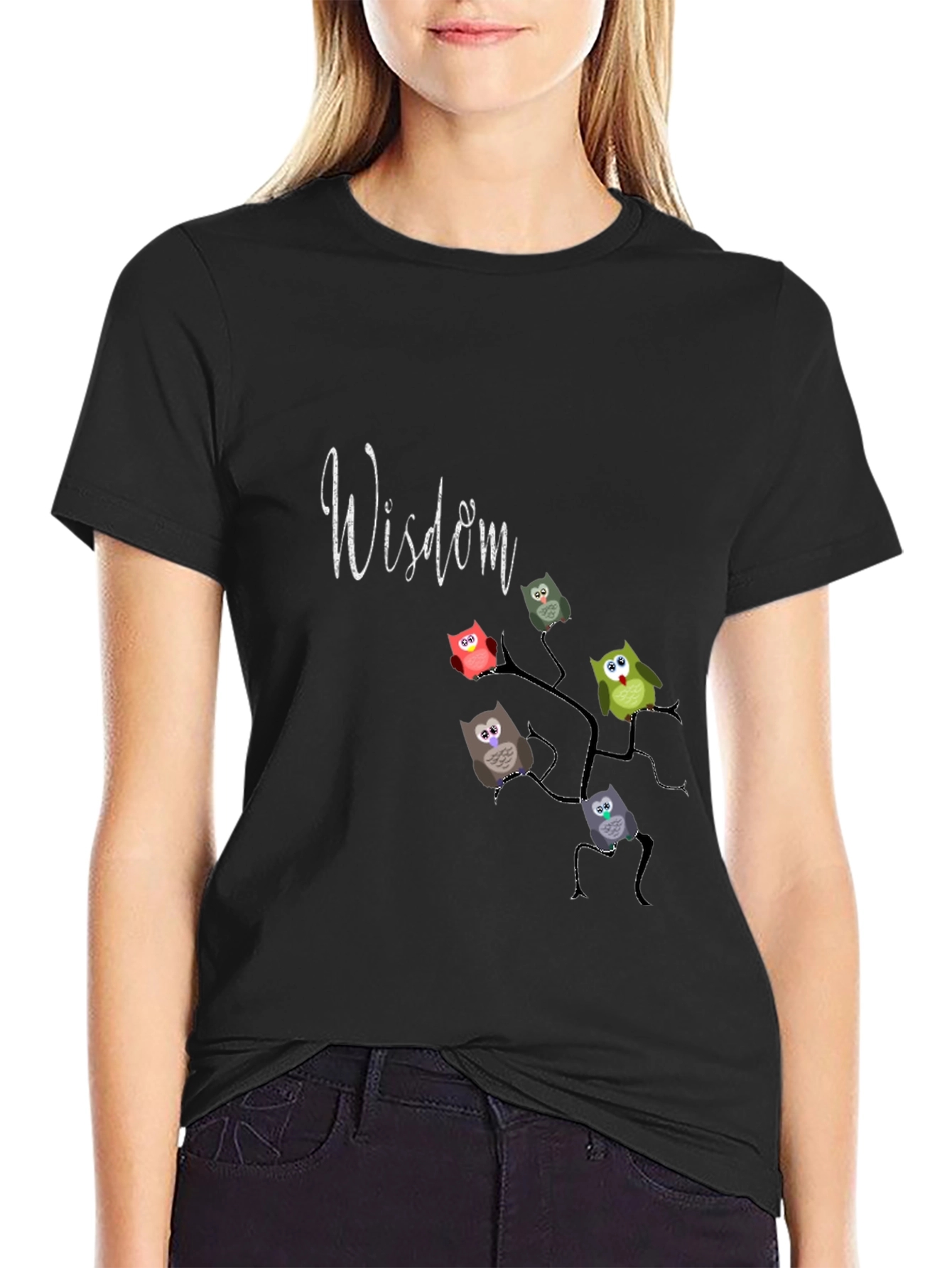 Wisdom Owl Branch Graphic T-Shirt - Black