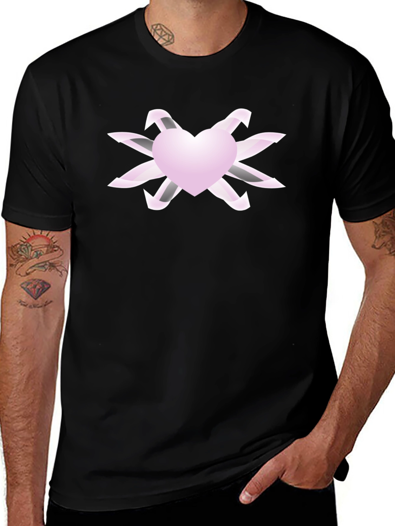 Heart & Ribbon Graphic Tee - Stylish Black T-Shirt