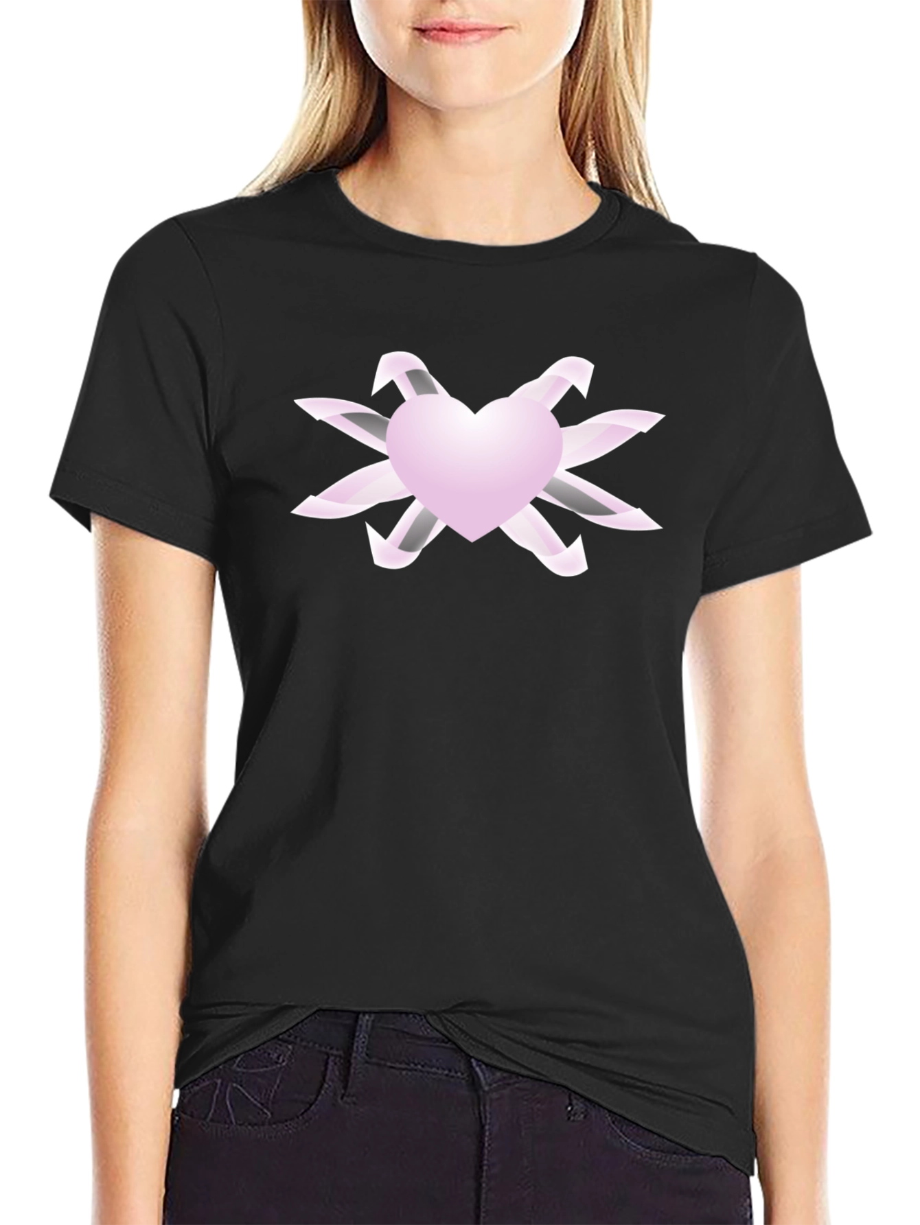 Heart & Ribbon Graphic Tee - Stylish Black T-Shirt