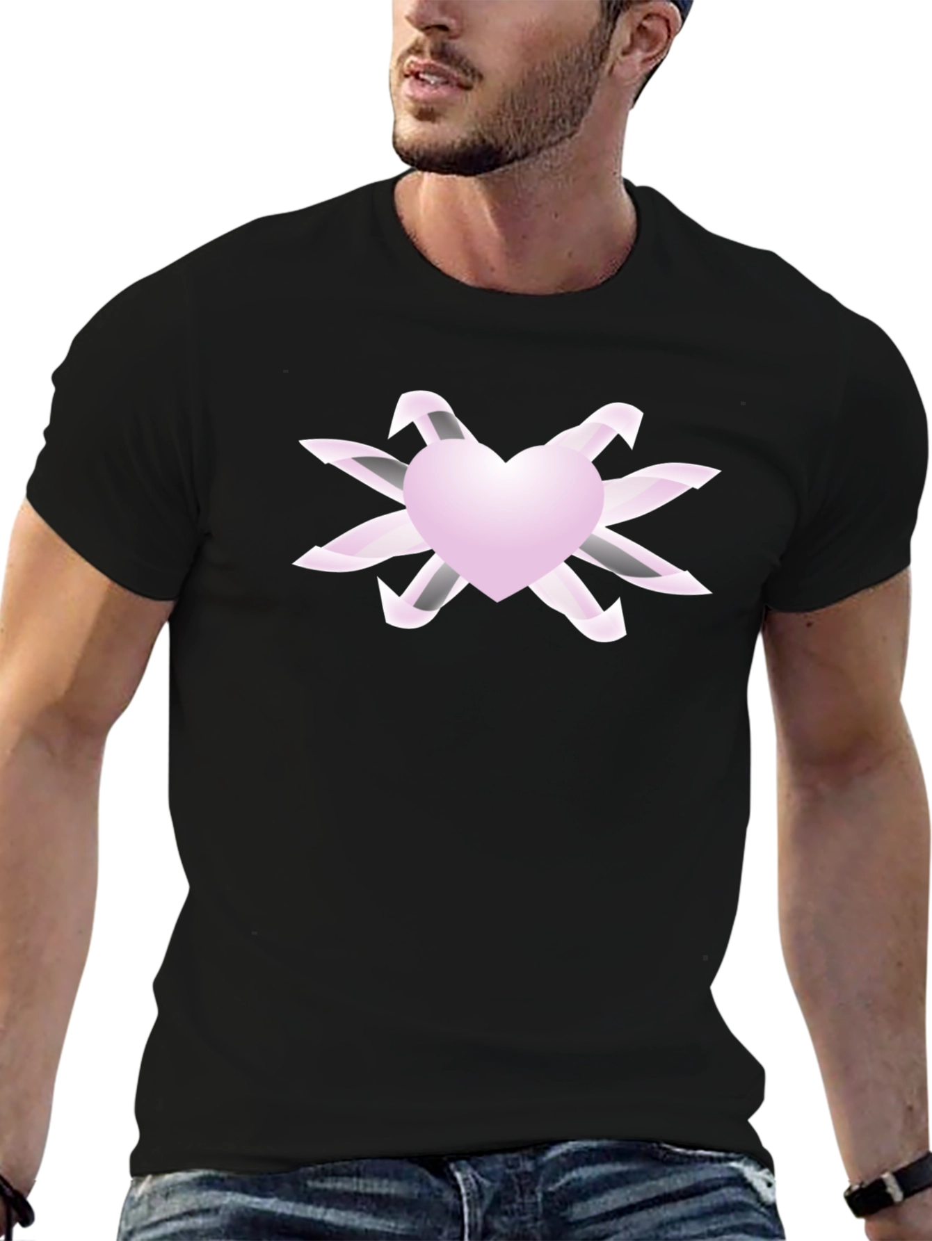 Heart & Ribbon Graphic Tee - Stylish Black T-Shirt