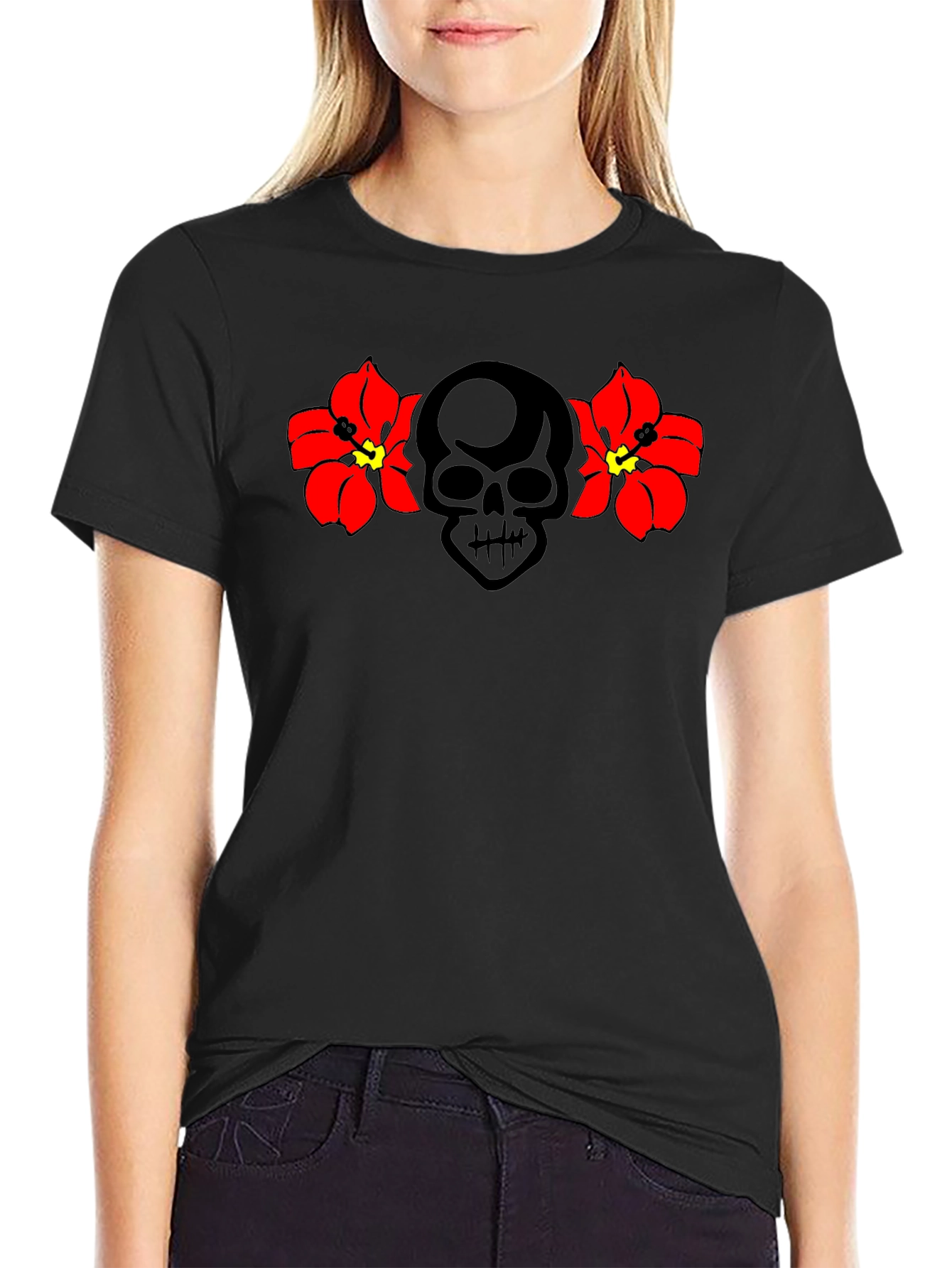Skull & Flower Graphic Print Black T-Shirt