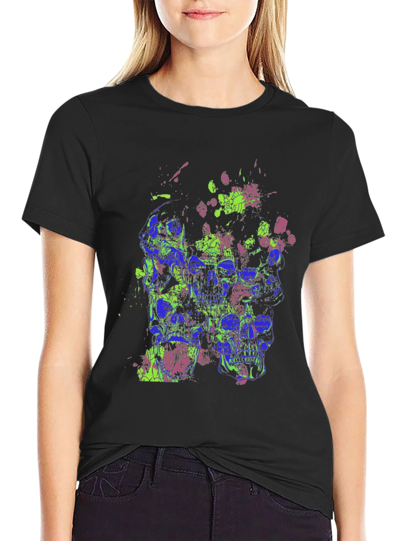 Skull Splatter Graphic Print Crew Neck T-Shirt