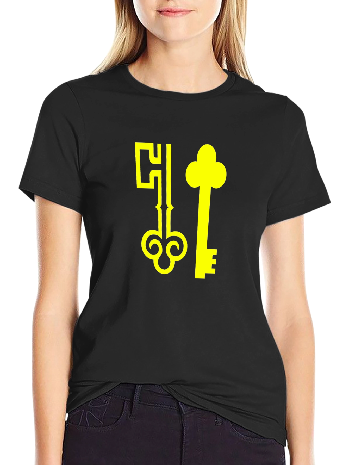 Black T-Shirt with Yellow Keys Graphic