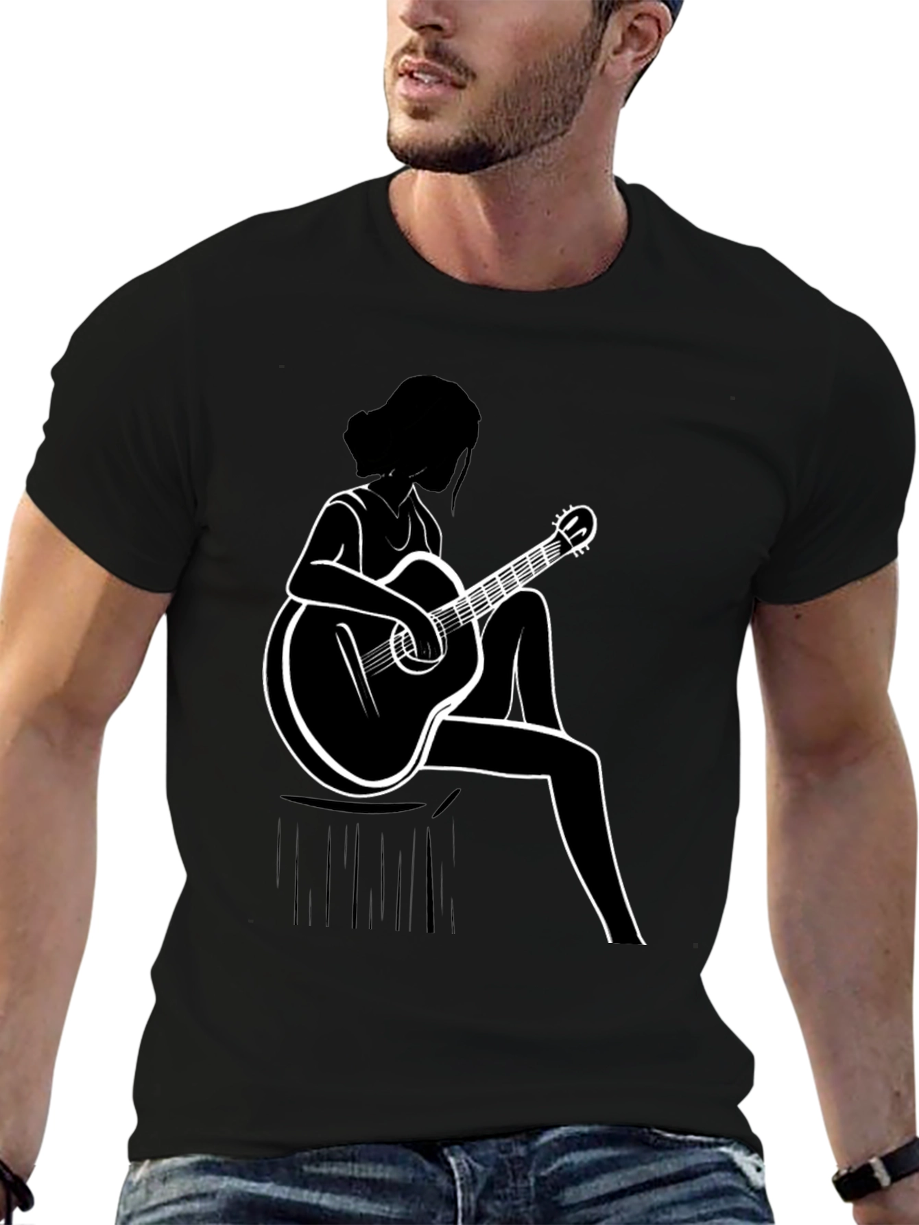 Guitar Girl Graphic T-Shirt - Black