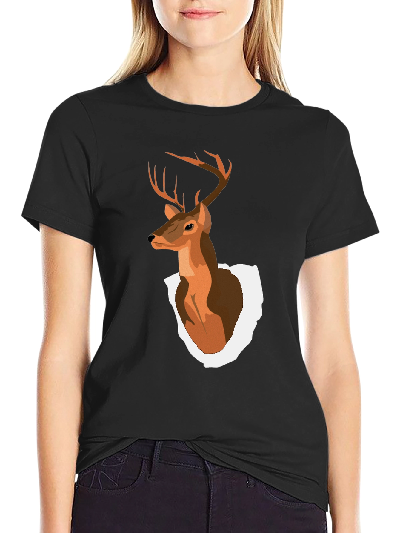 Mens Black T-Shirt with Deer Head Graphic