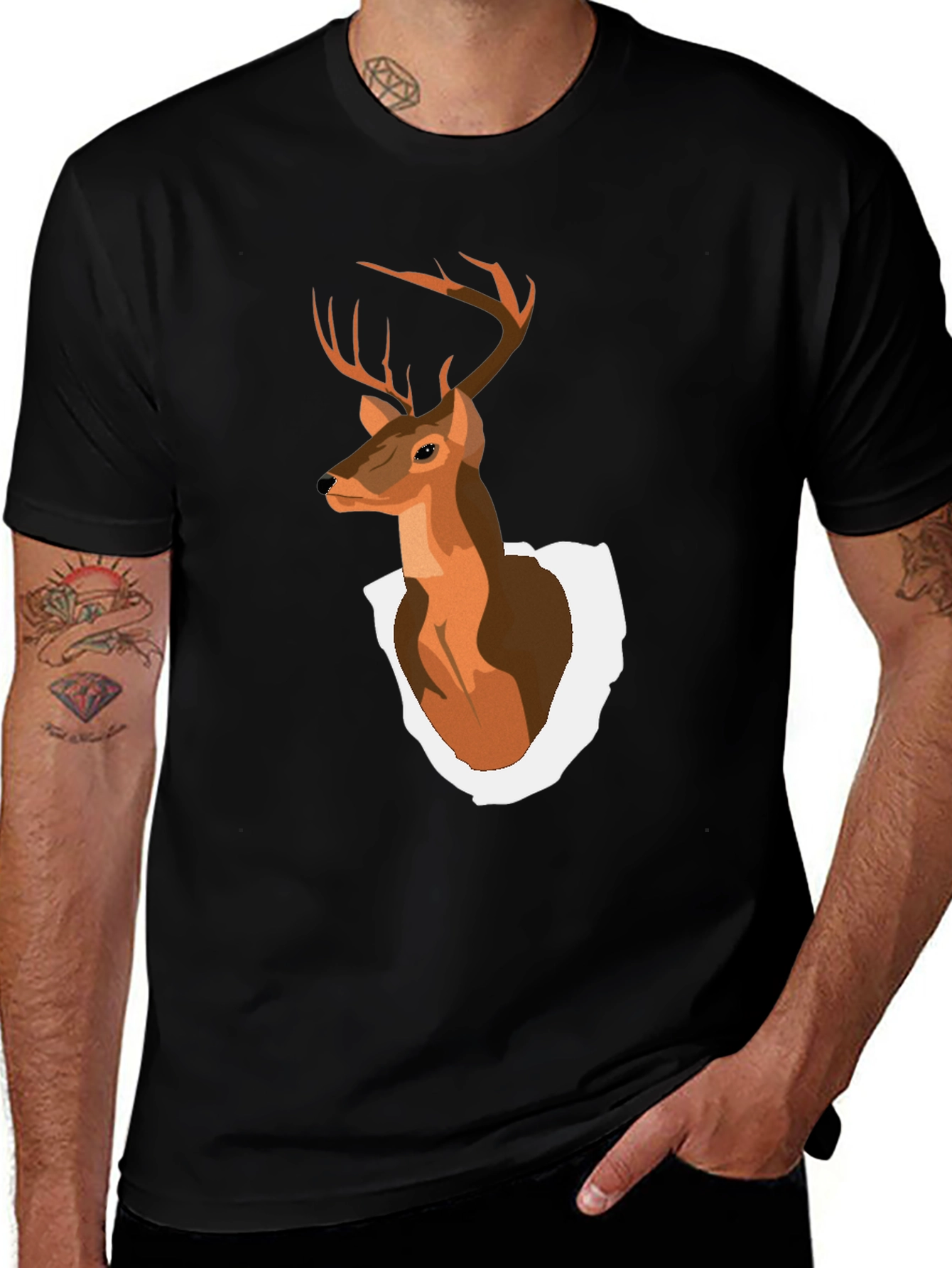 Mens Black T-Shirt with Deer Head Graphic