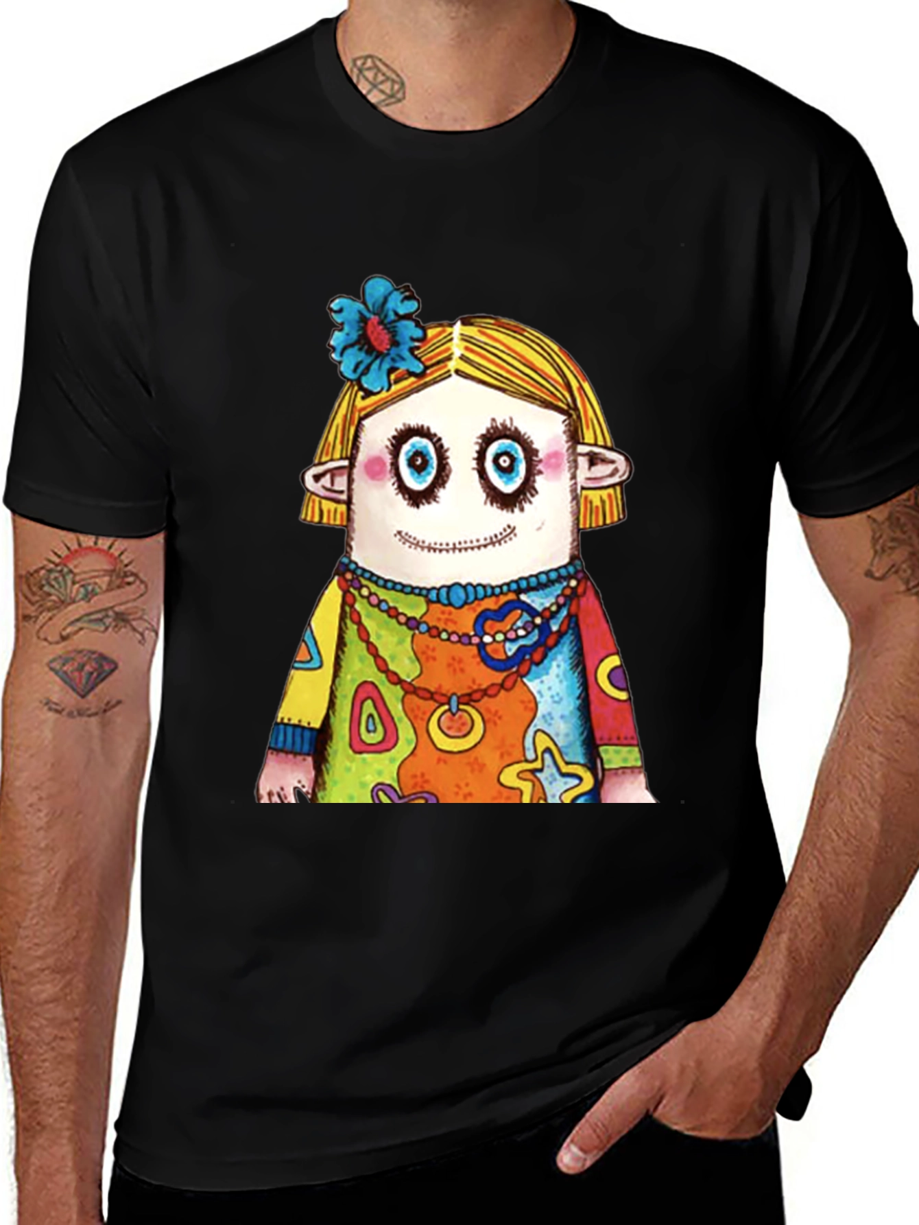 Quirky Cartoon Character Graphic Black T-Shirt