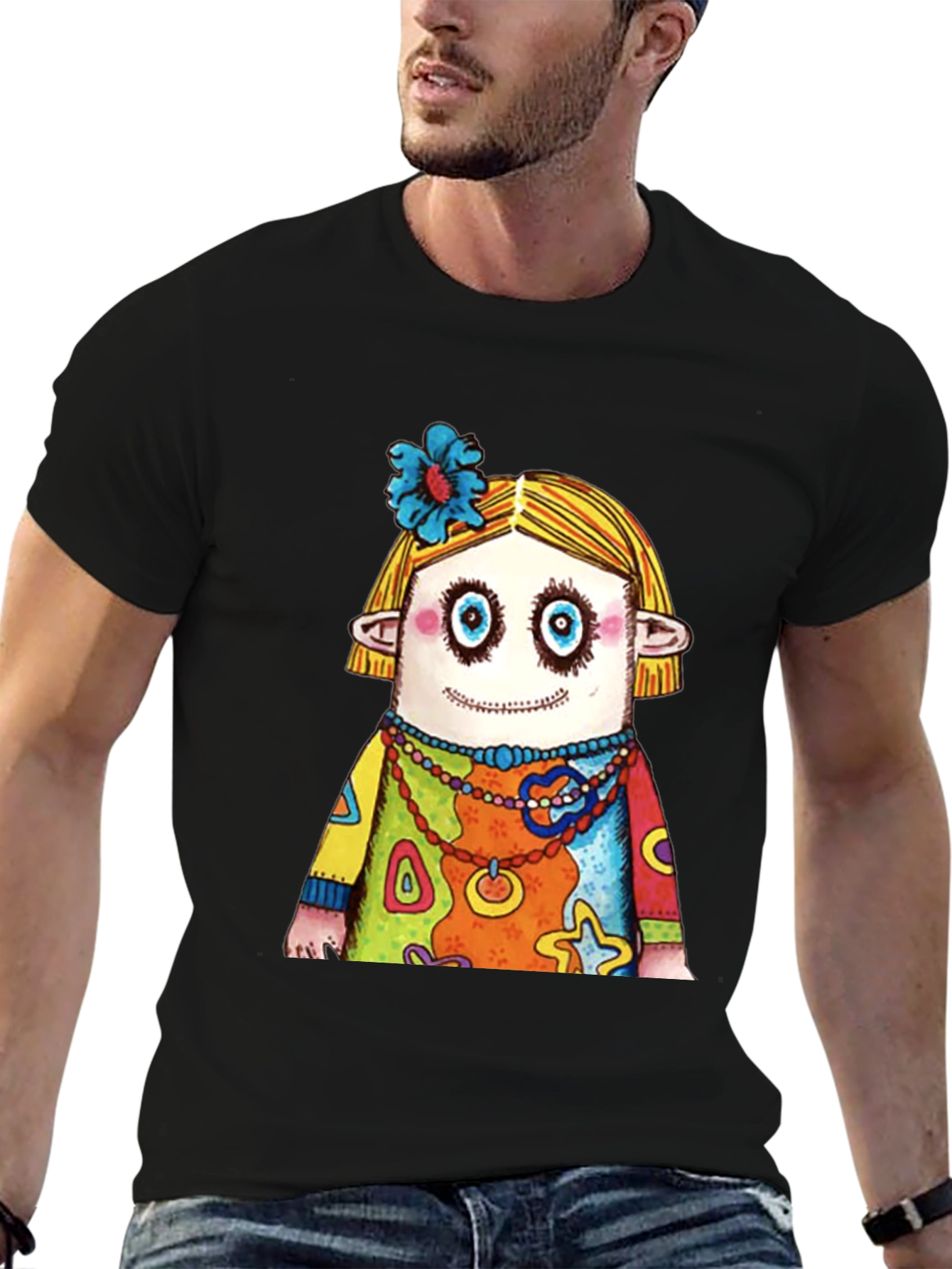Quirky Cartoon Character Graphic Black T-Shirt
