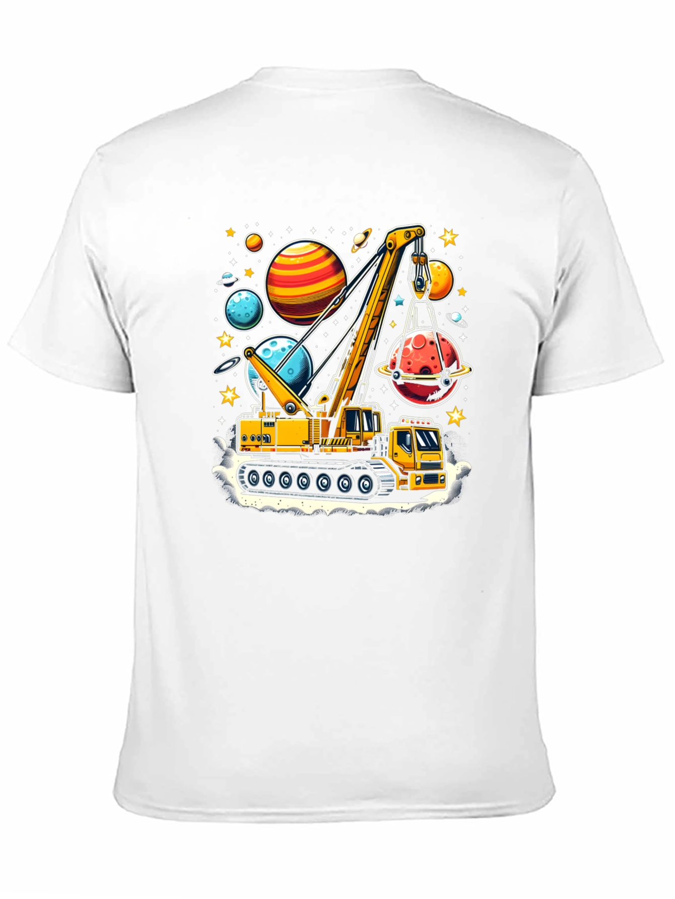 Crane Lifting Planets Graphic T-Shirt