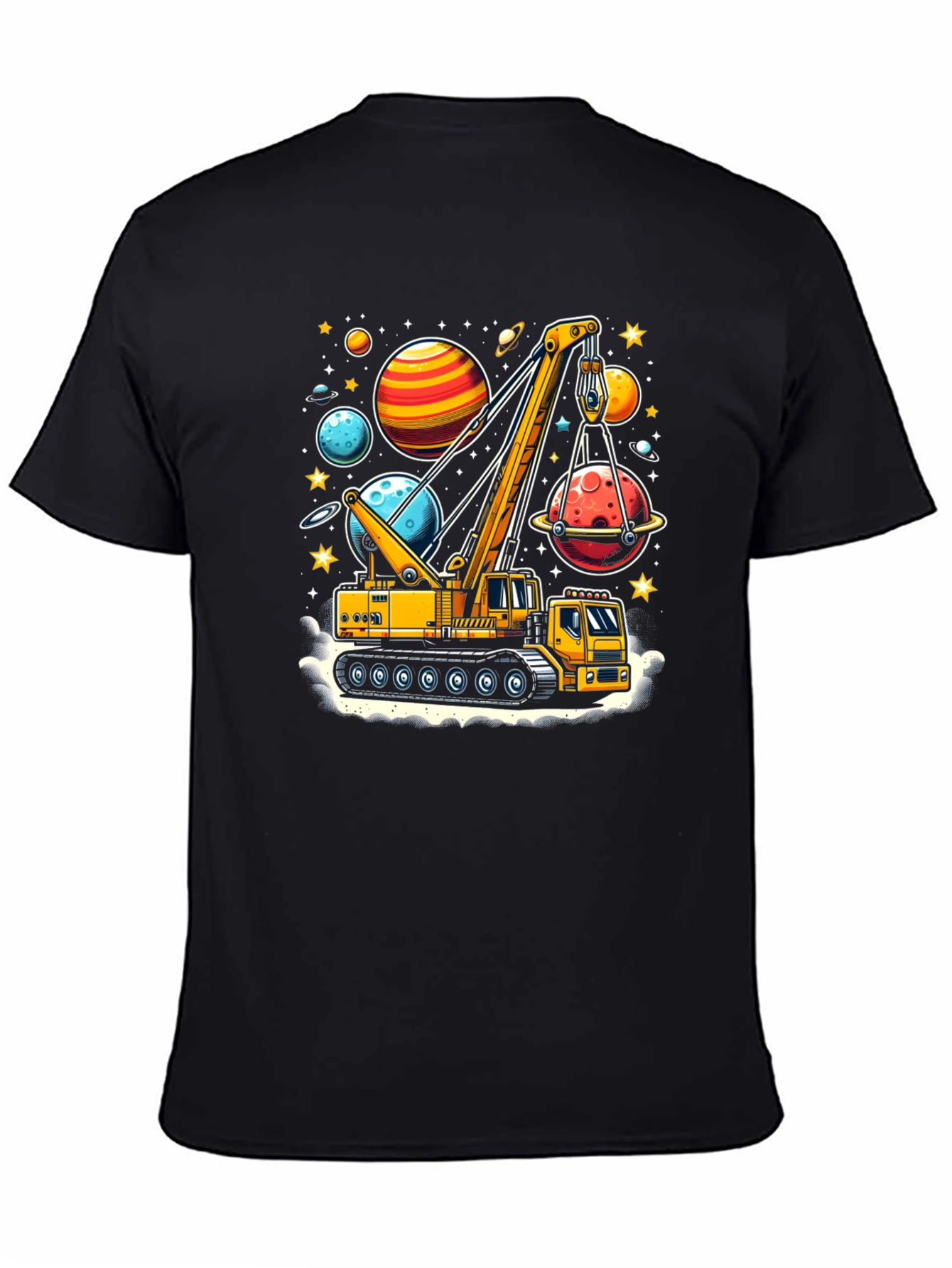 Crane Lifting Planets Graphic T-Shirt