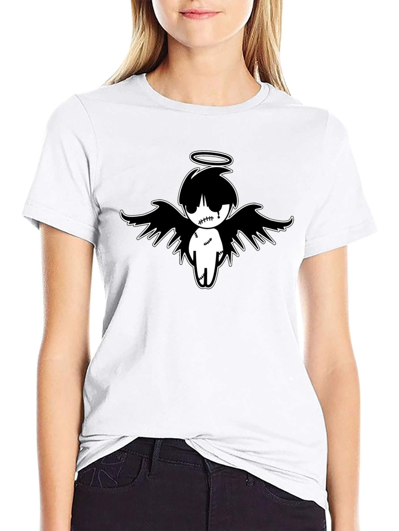 Emo Angel Graphic Tee - Black Cotton T-Shirt
