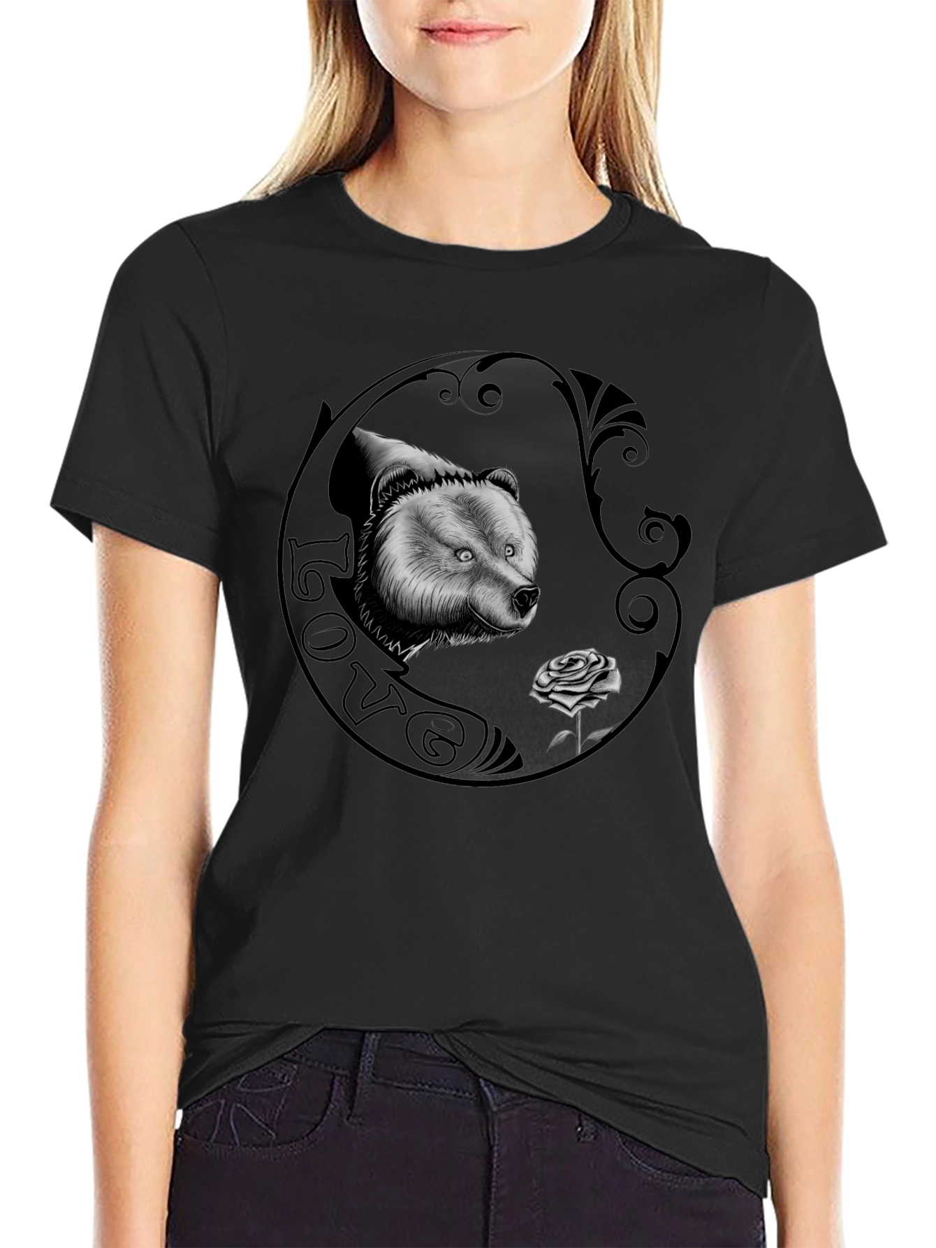 Bear and Rose Graphic Print Mens T-Shirt