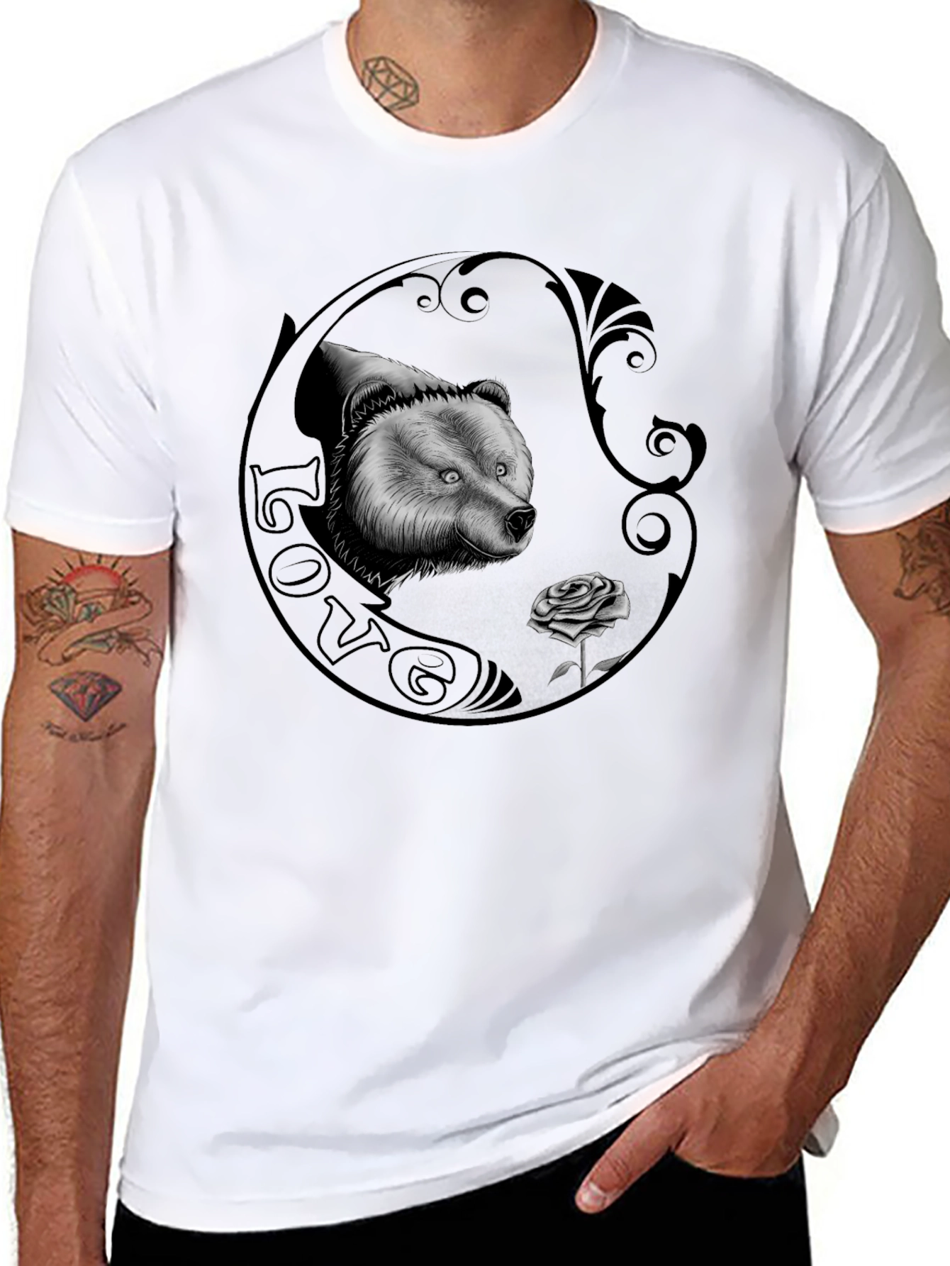 Bear and Rose Graphic Print Mens T-Shirt
