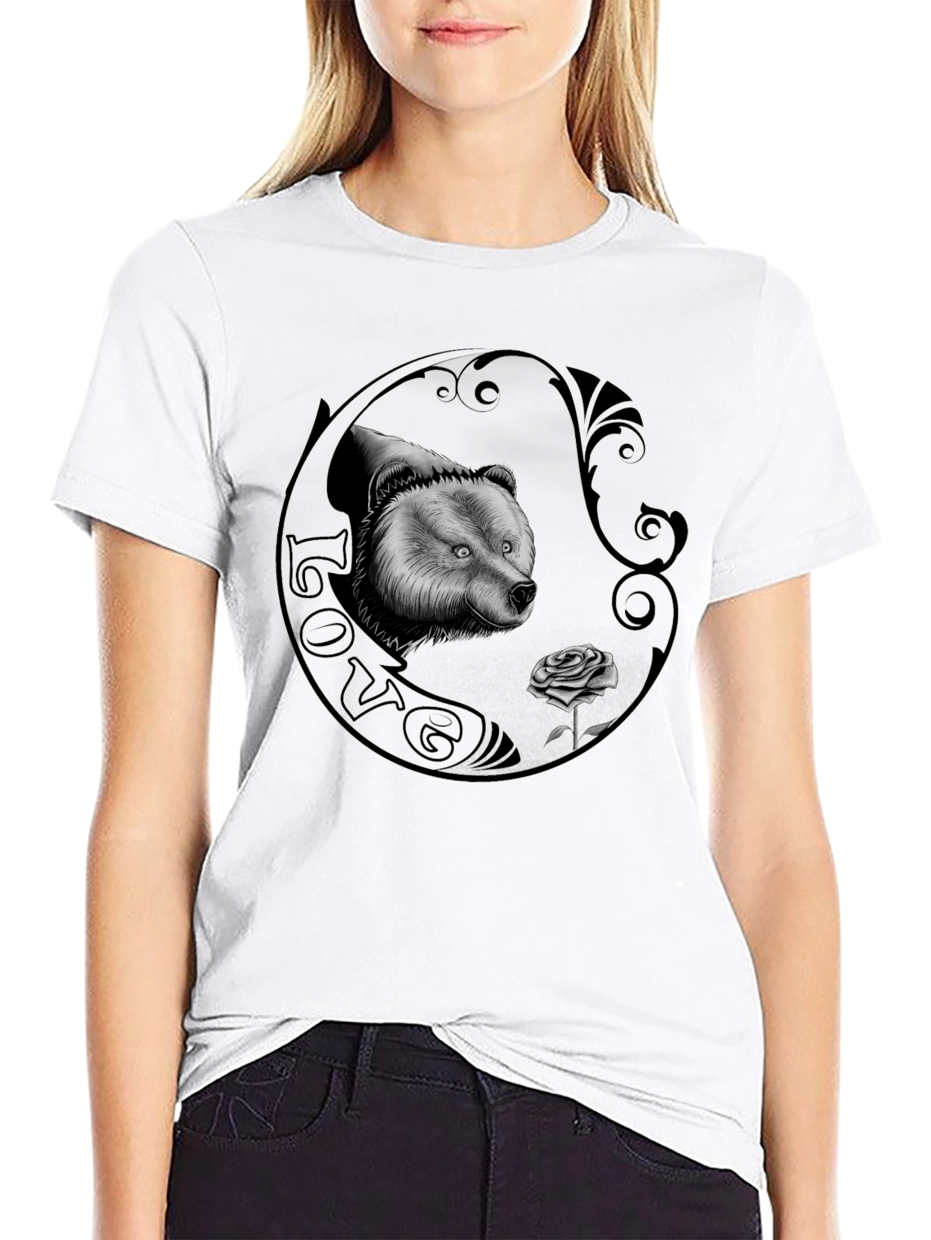 Bear and Rose Graphic Print Mens T-Shirt
