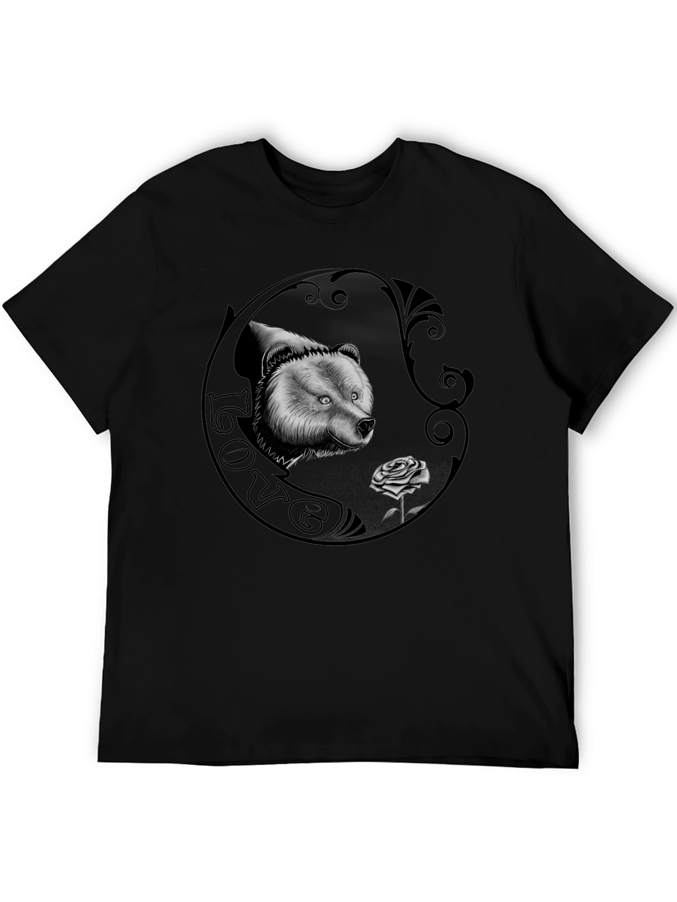 Bear and Rose Graphic Print Mens T-Shirt