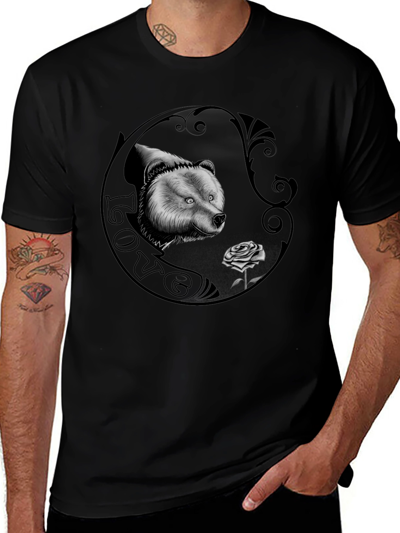 Bear and Rose Graphic Print Mens T-Shirt