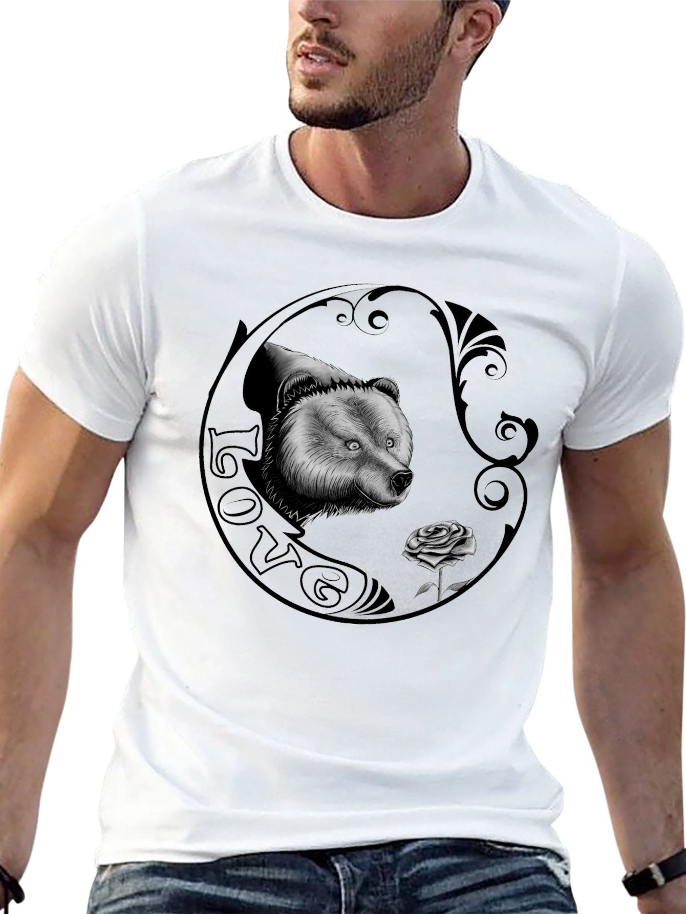 Bear and Rose Graphic Print Mens T-Shirt
