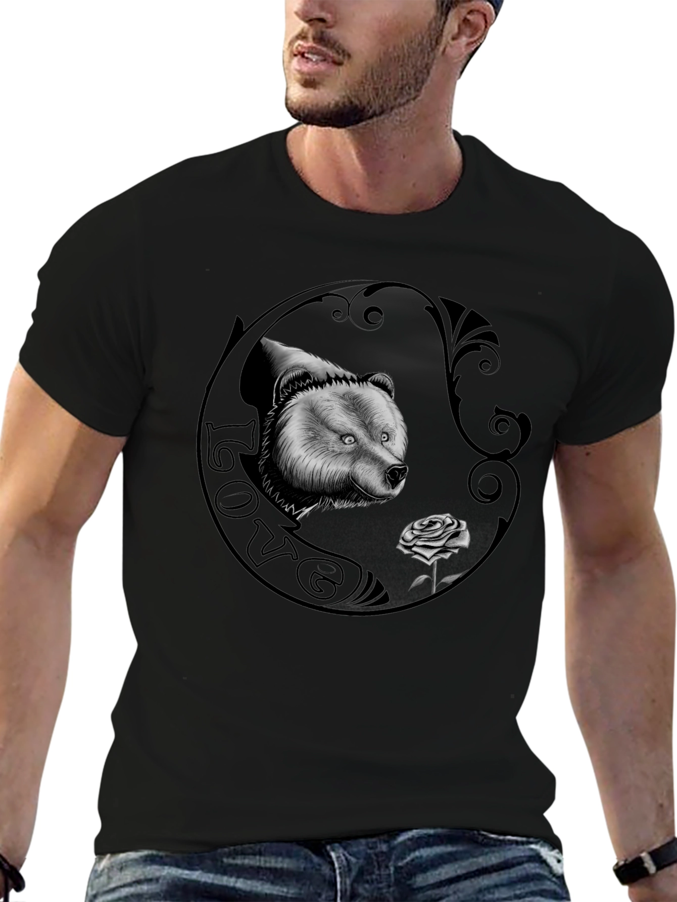 Bear and Rose Graphic Print Mens T-Shirt