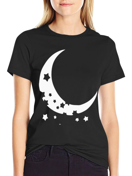 Crescent Moon & Stars Graphic Tee - Black Cotton Casual T-Shirt