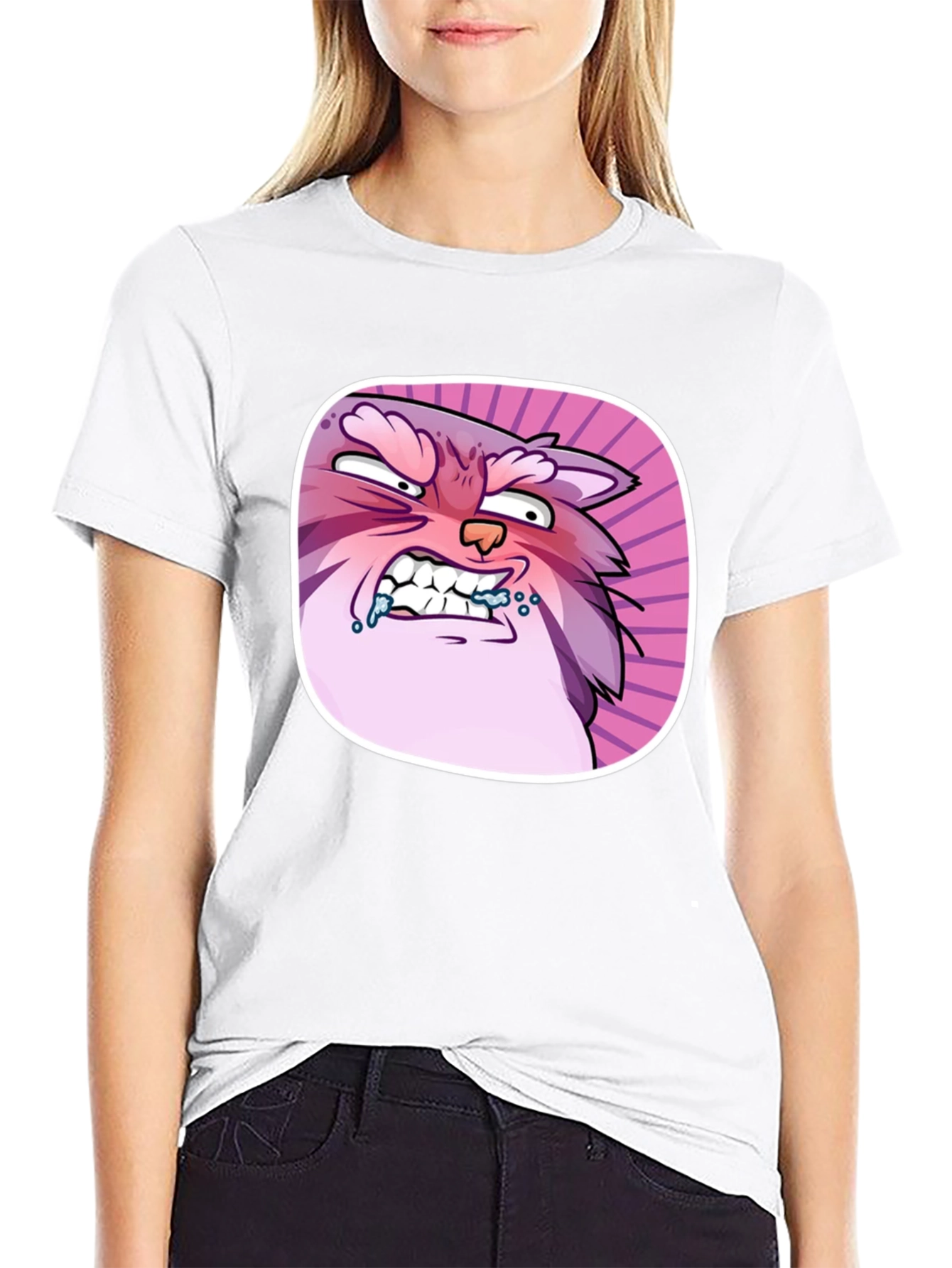 Funny Angry Cartoon Cat Graphic Black T-Shirt