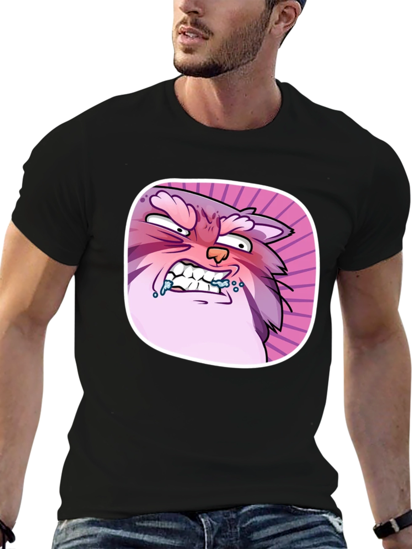 Funny Angry Cartoon Cat Graphic Black T-Shirt
