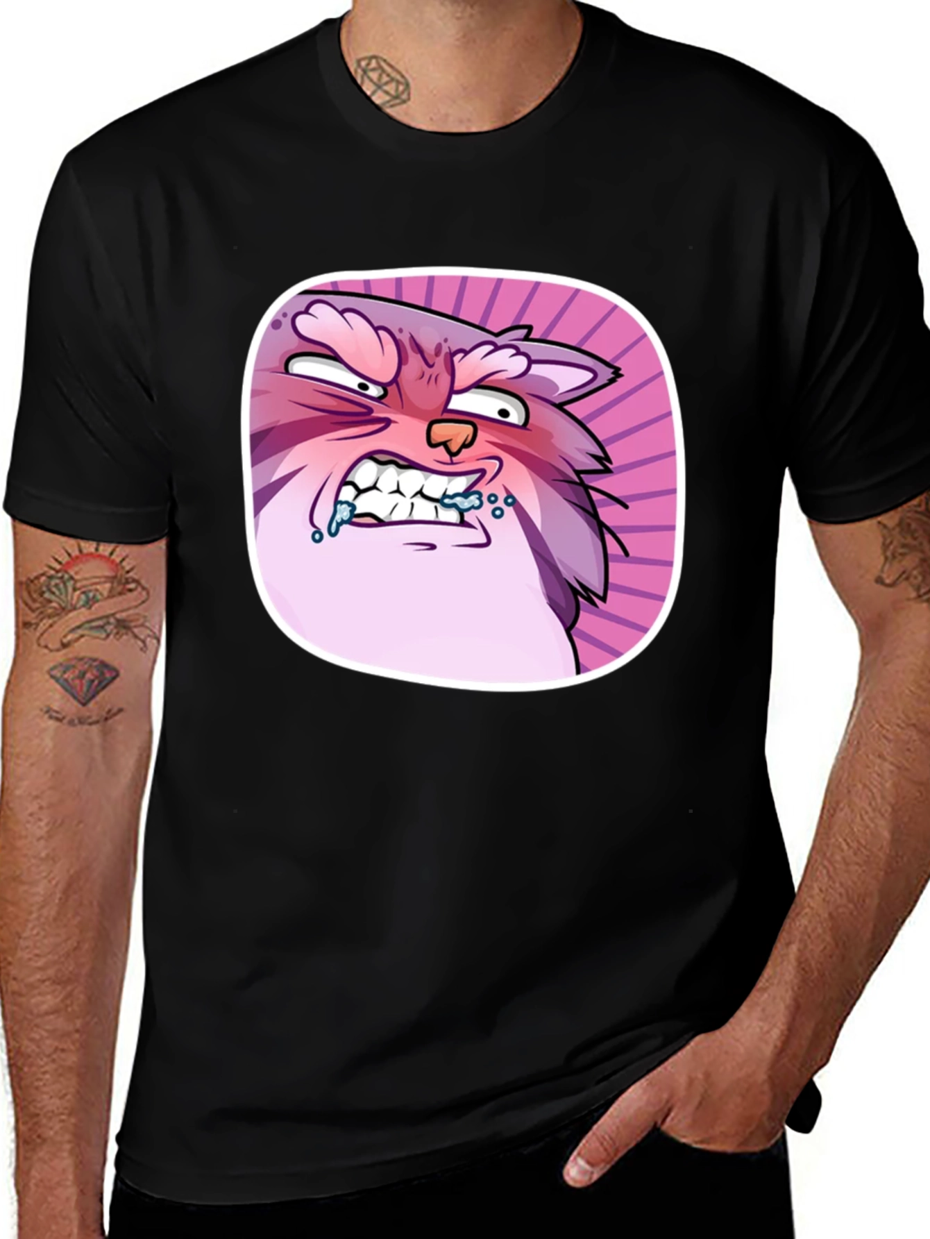Funny Angry Cartoon Cat Graphic Black T-Shirt