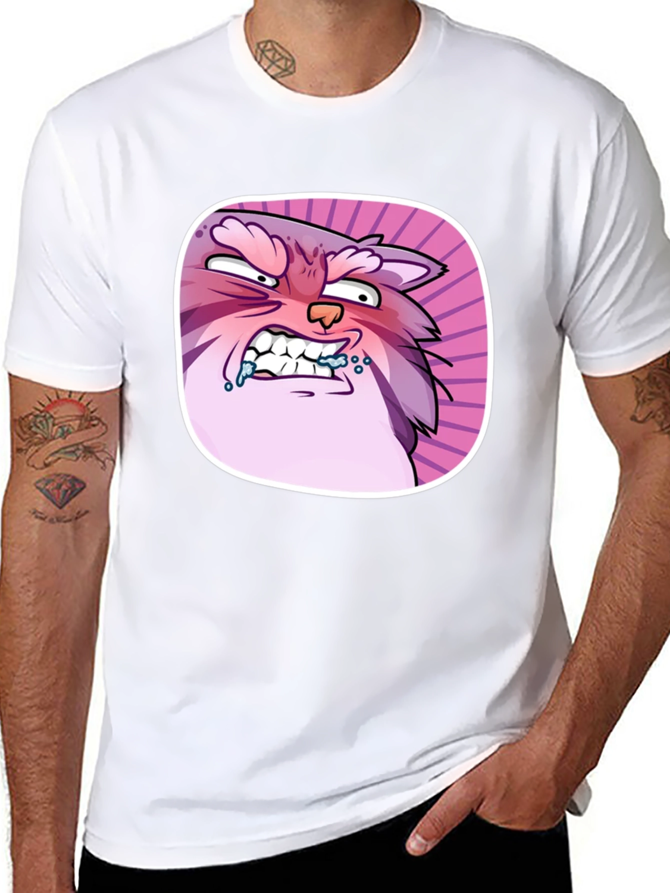 Funny Angry Cartoon Cat Graphic Black T-Shirt